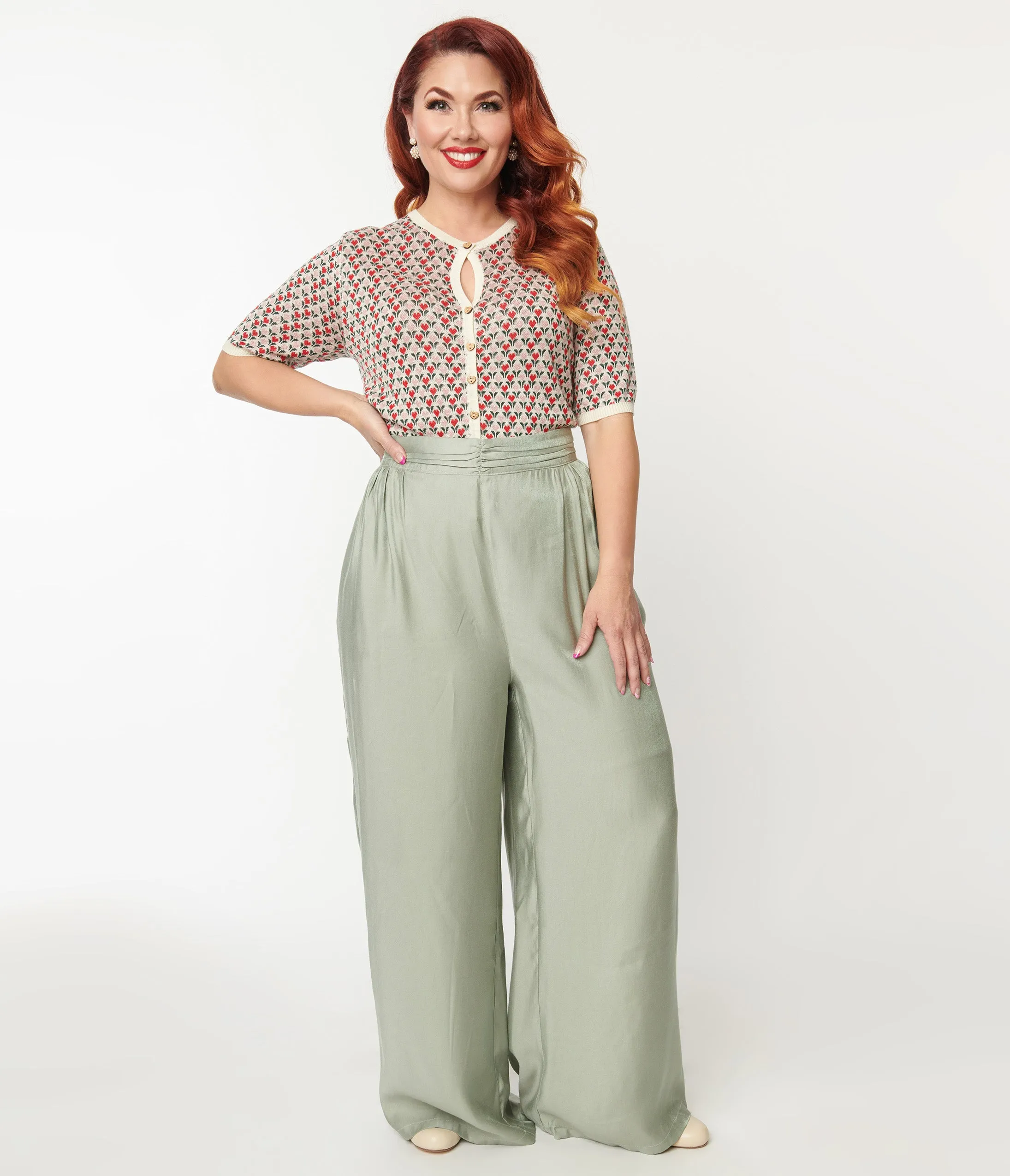 1940s Plus Size Sage Green Wide Leg Trousers