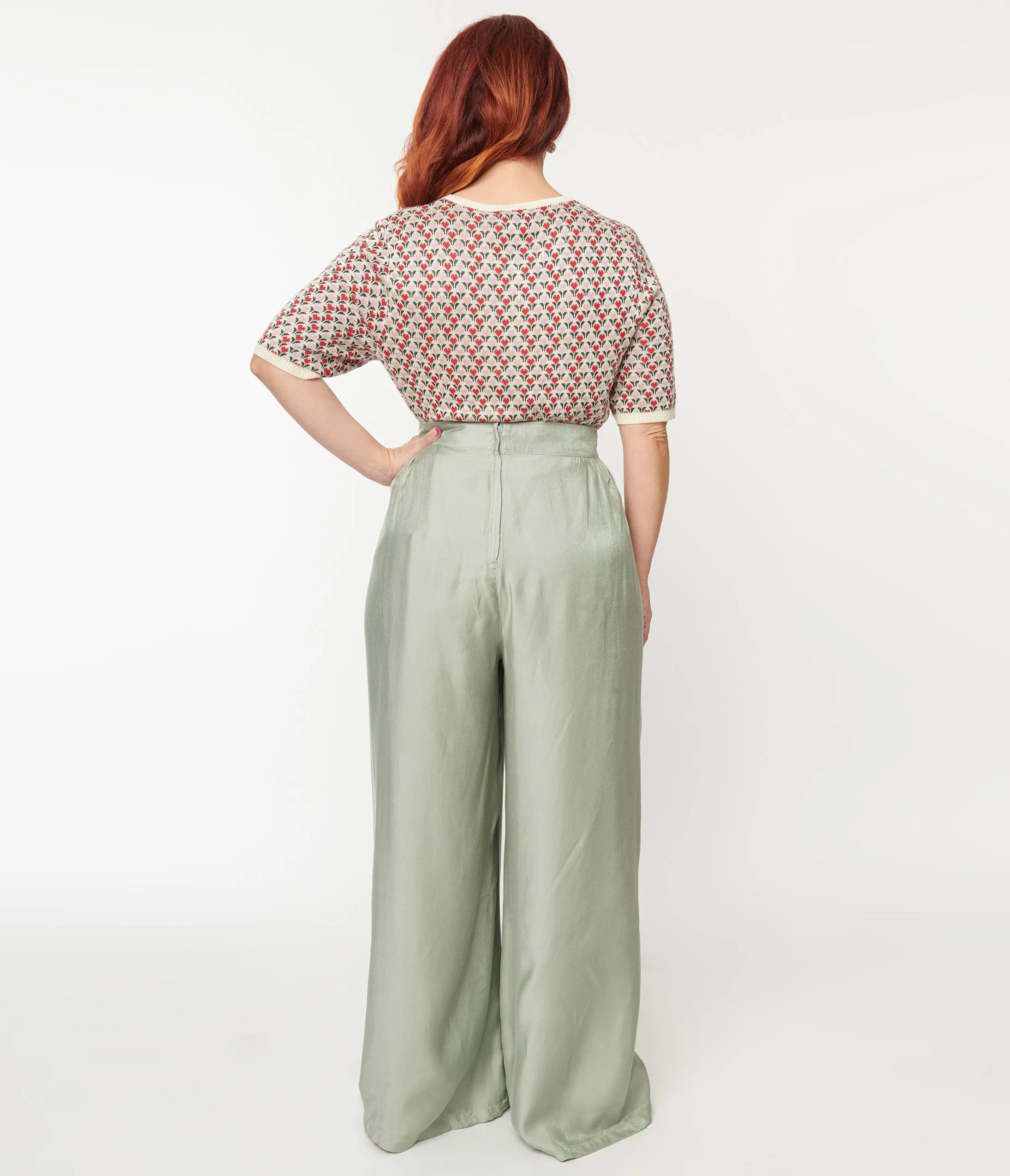 1940s Plus Size Sage Green Wide Leg Trousers