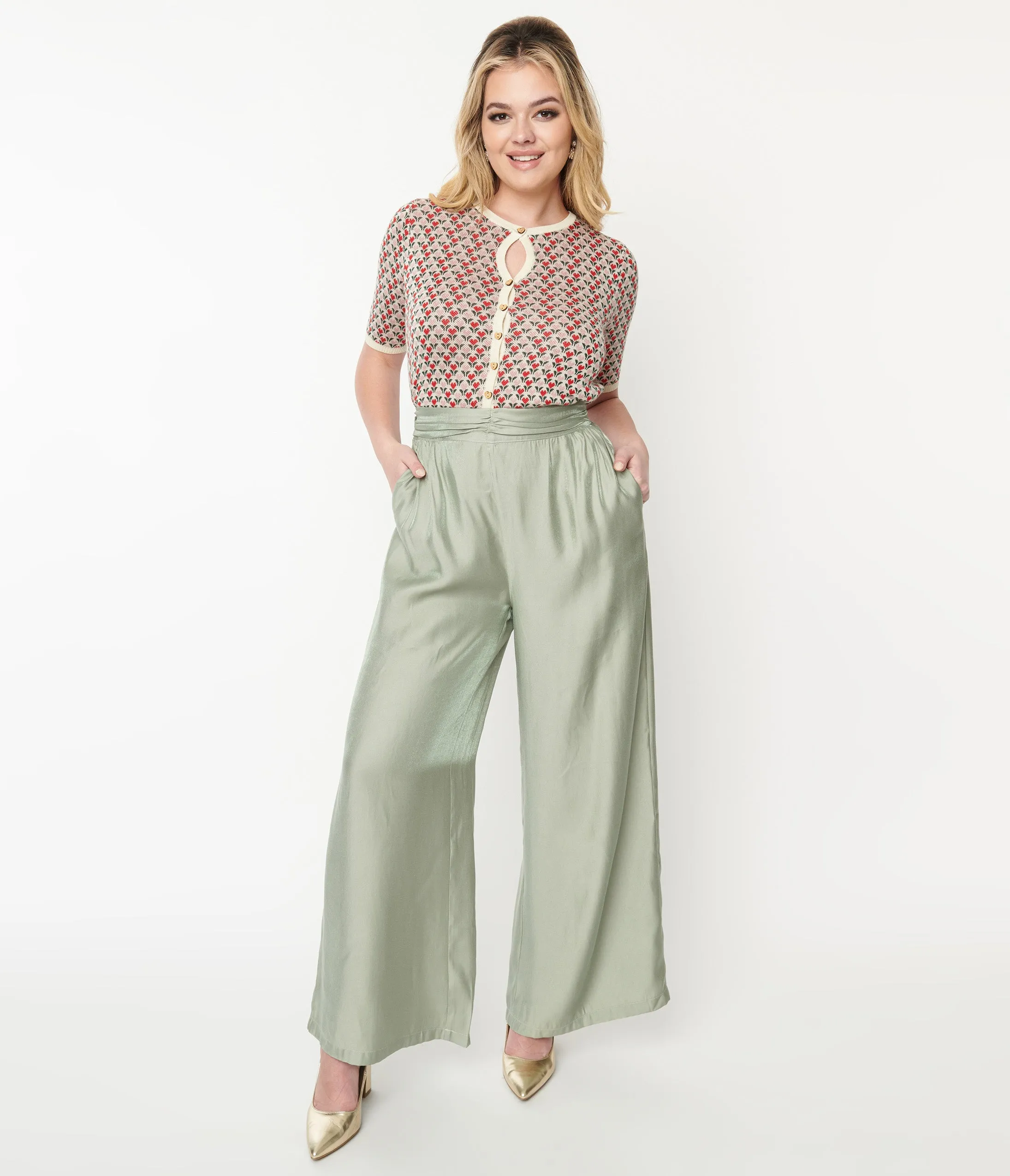 1940s Sage Green Wide Leg Trousers