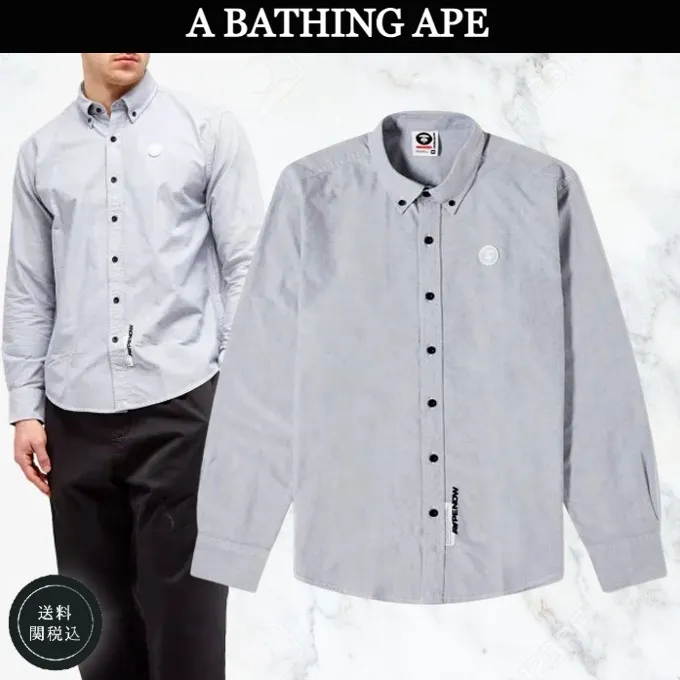 A BATHING APE  |Long Sleeves Plain Cotton Logos on the Sleeves Logo Shirts