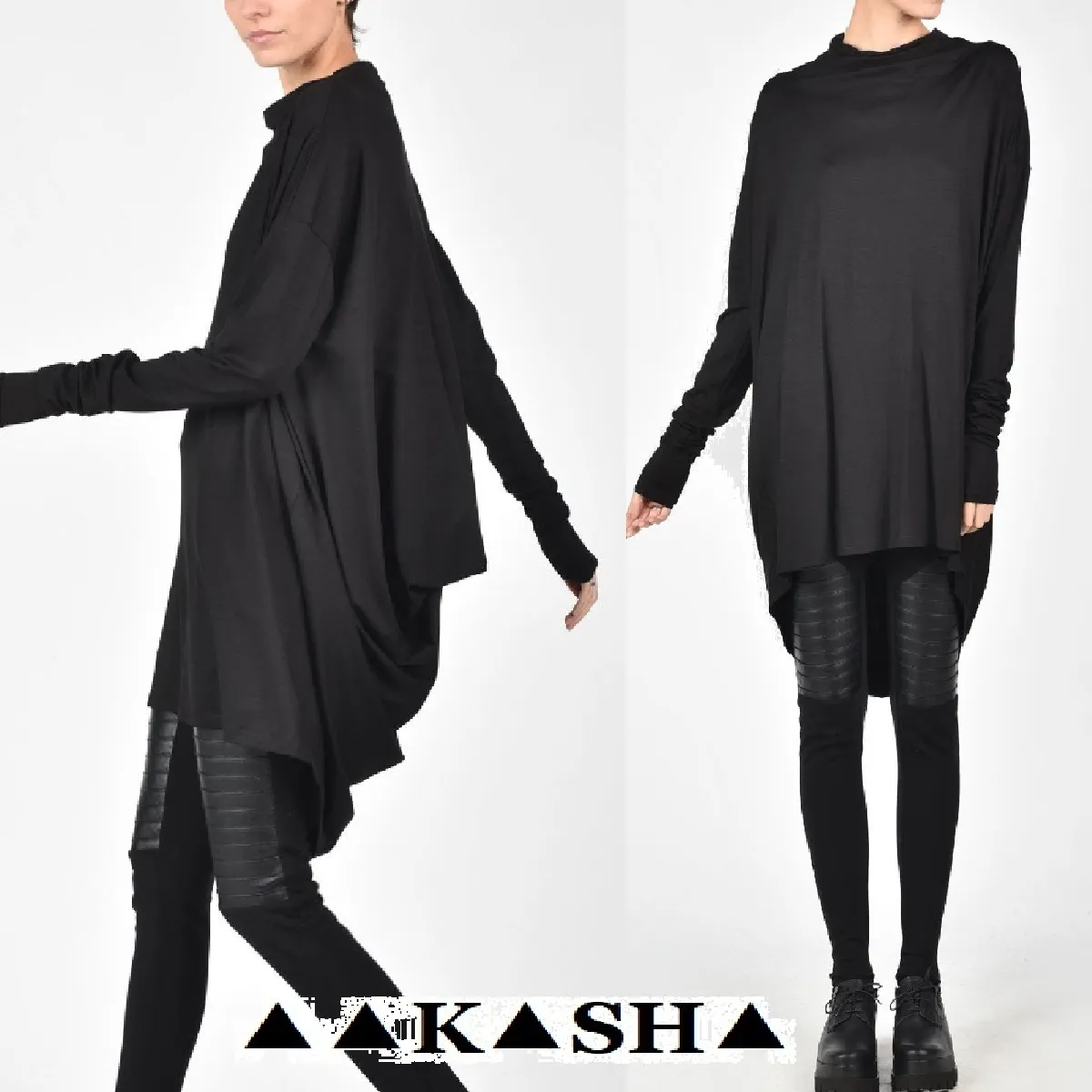 Aakasha  |Long Sleeves Plain Long Bold Asymmetry Tunics