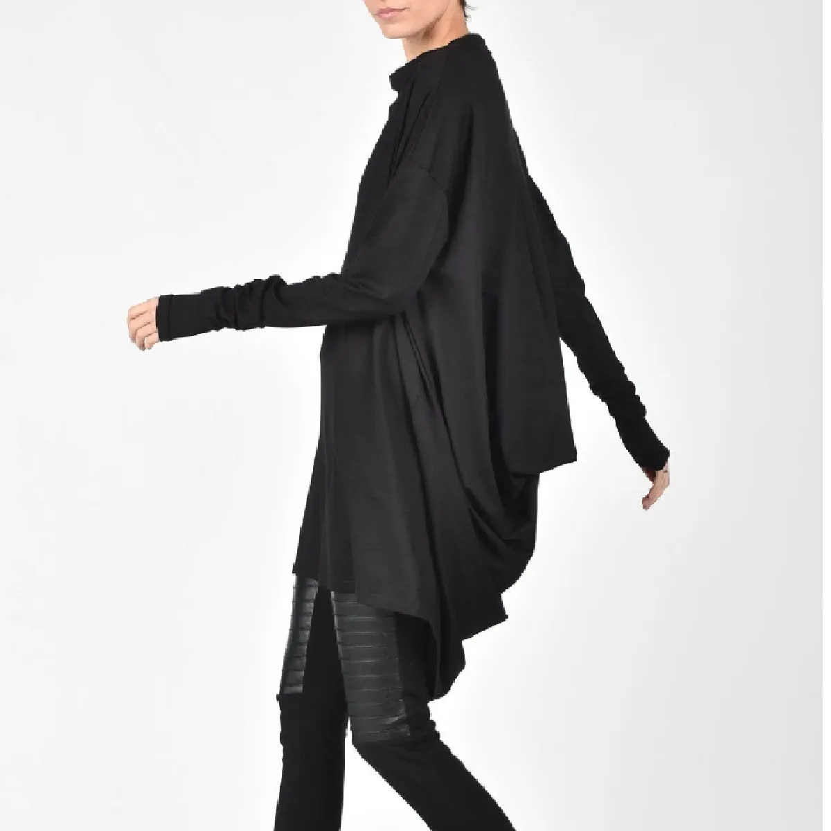 Aakasha  |Long Sleeves Plain Long Bold Asymmetry Tunics