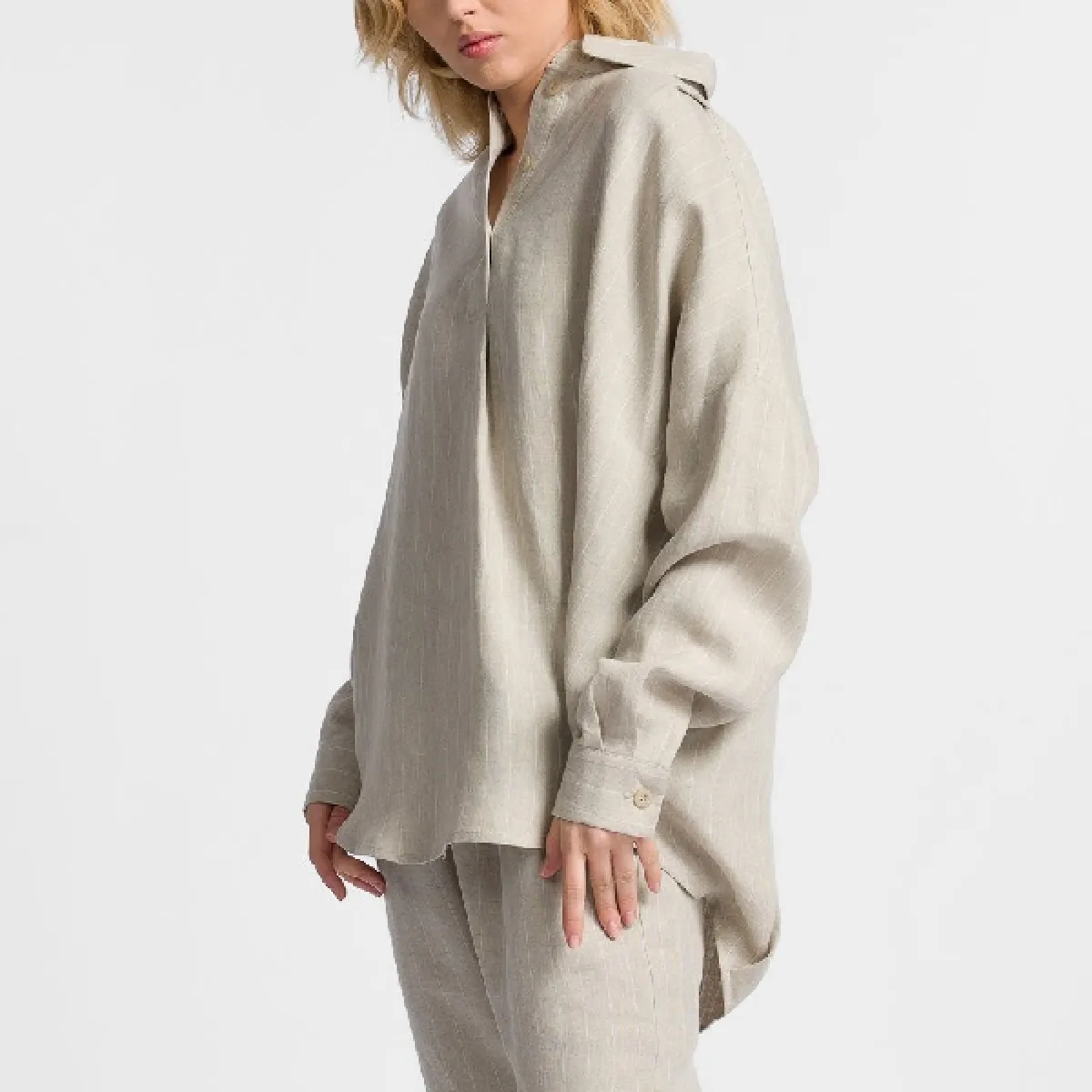 Aakasha  |Stripes Linen Long Sleeves Long Handmade Oversized