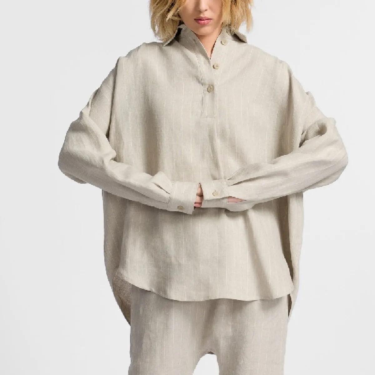 Aakasha  |Stripes Linen Long Sleeves Long Handmade Oversized