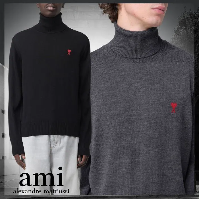 AMI PARIS  |Pullovers Wool Long Sleeves Plain Logo Designers Sweaters