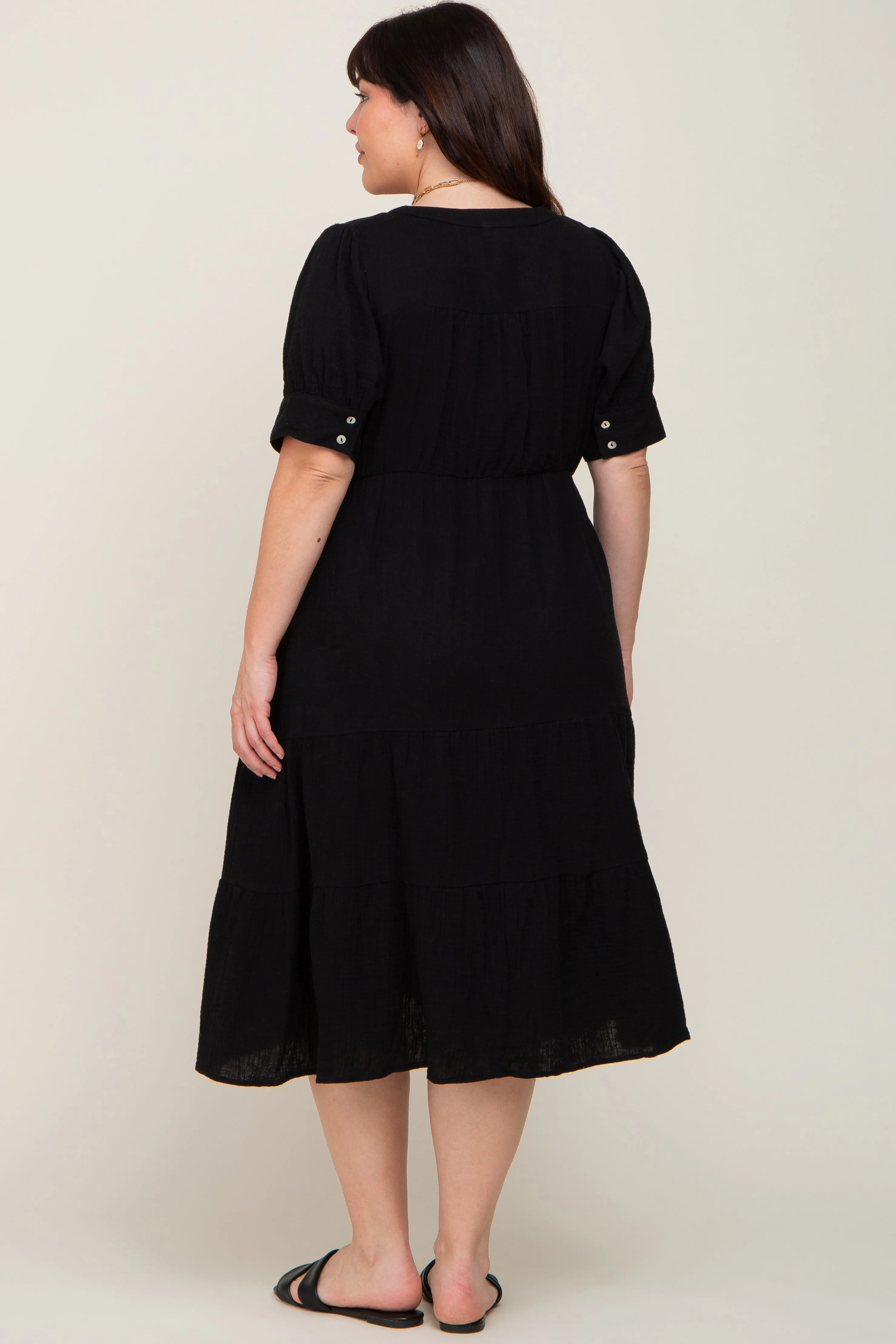 Black Button Down Short Sleeve Plus Dress