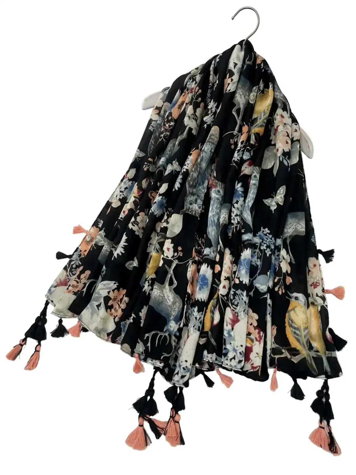 Black Wildlife Print Tassel Scarf