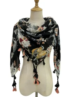 Black Wildlife Print Tassel Scarf