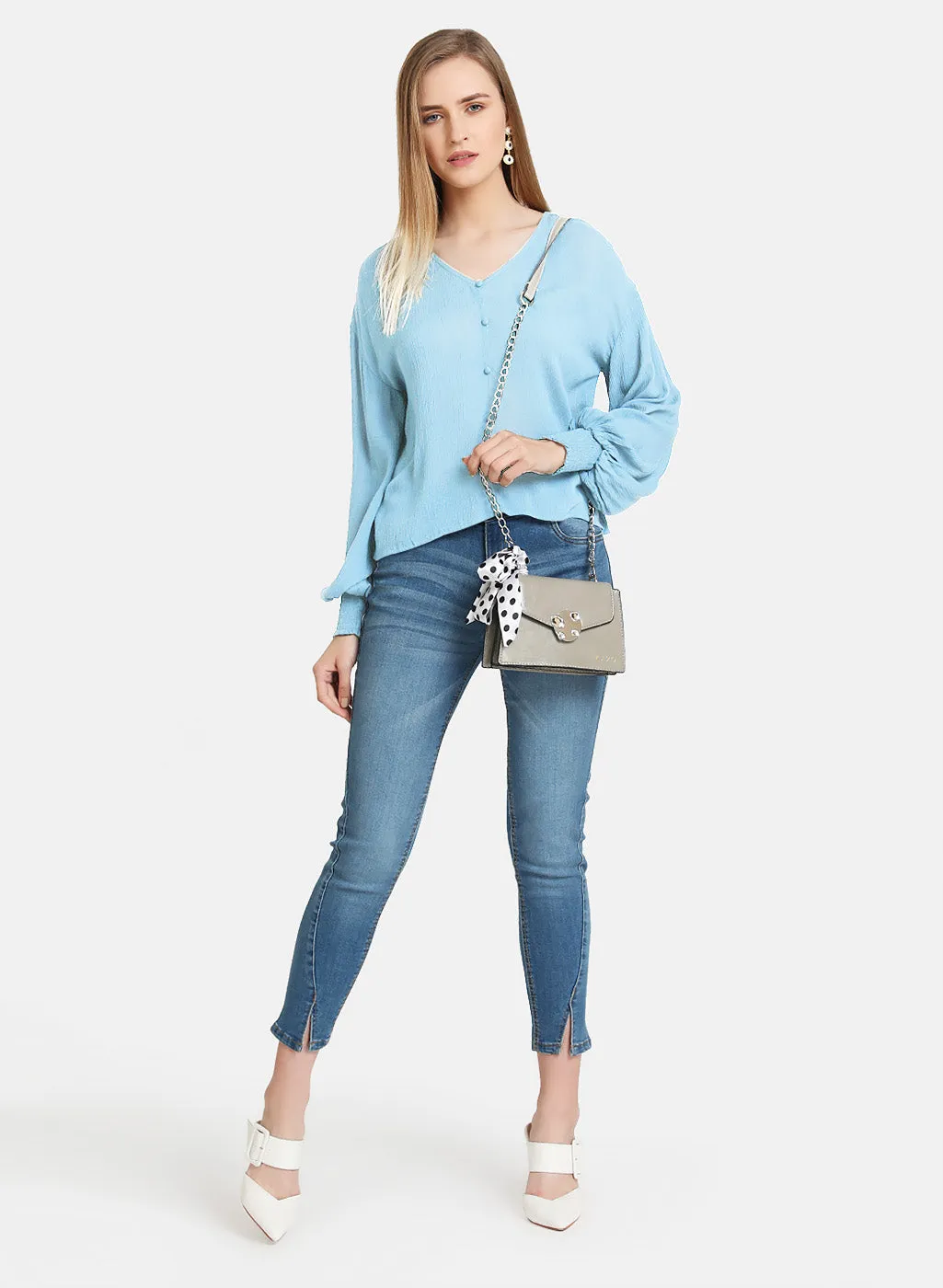 Button Down Top With Elasticated Hem Sleeves