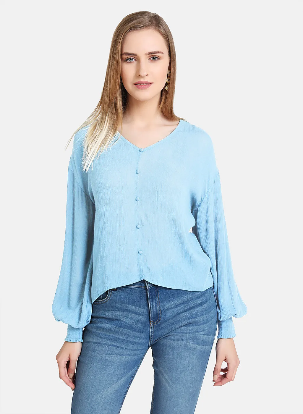 Button Down Top With Elasticated Hem Sleeves