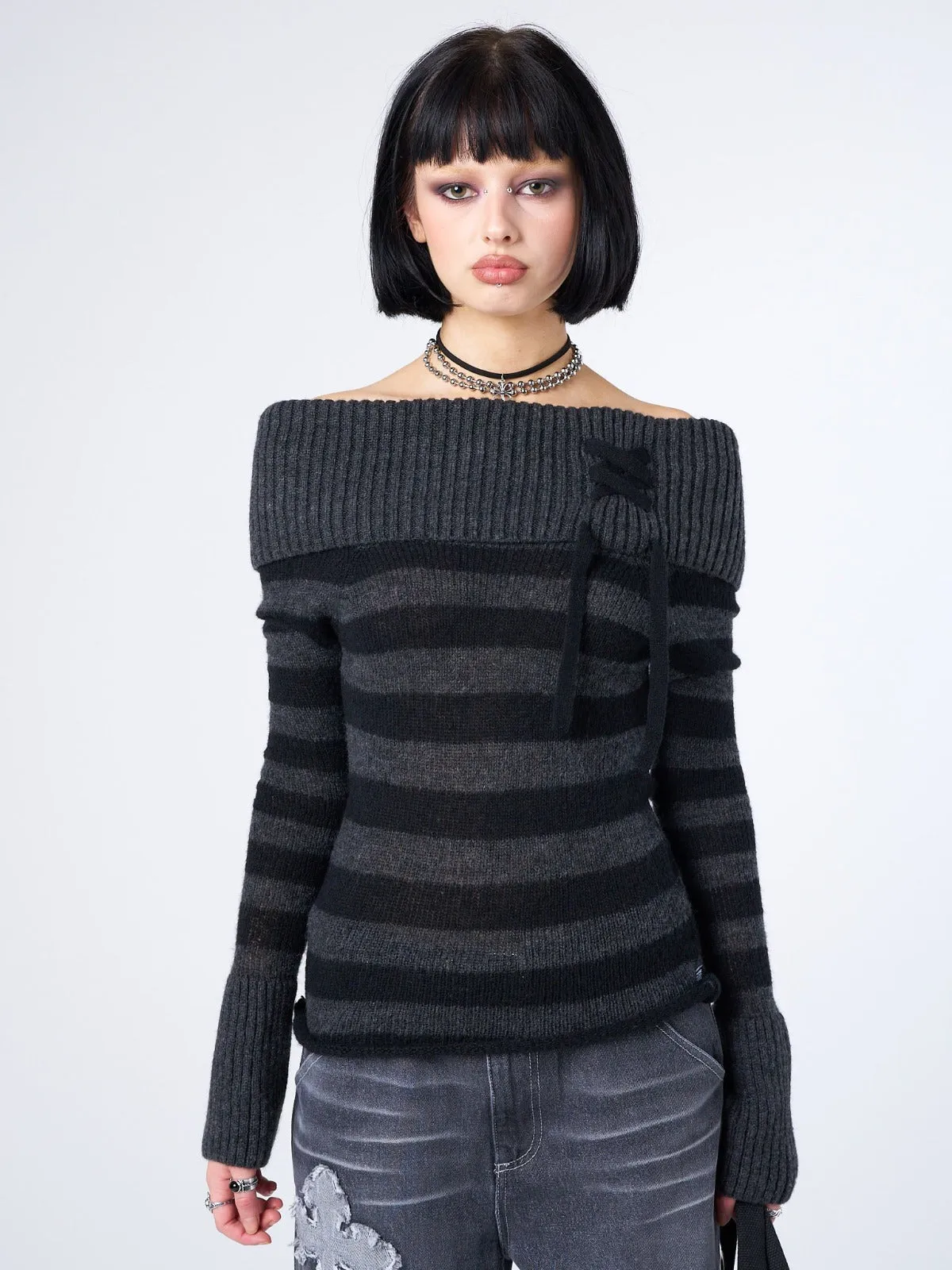 Cinder Striped Off Shoulder Knit Jumper