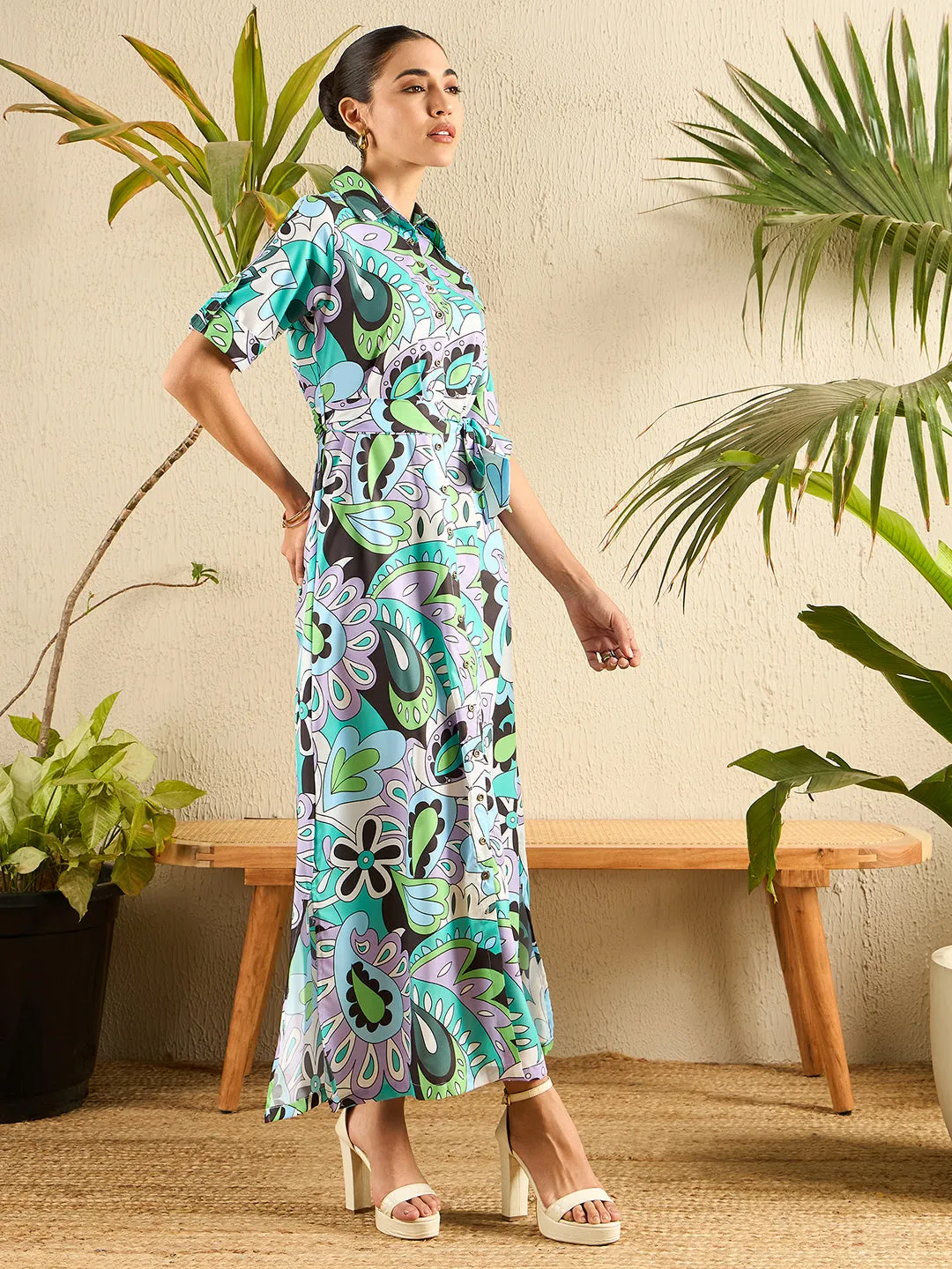 Collar Buttoned Down Printed Shirt Maxi Dress