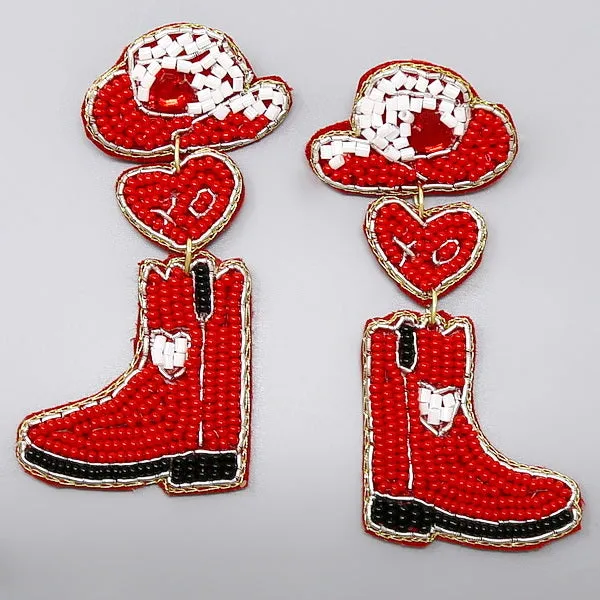 Cowgirl Boots And Hat Heart Seed Bead Earrings