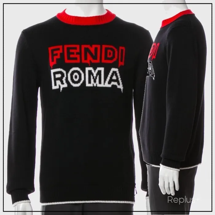 FENDI  |Crew Neck Pullovers Wool Long Sleeves Logo Luxury Sweaters