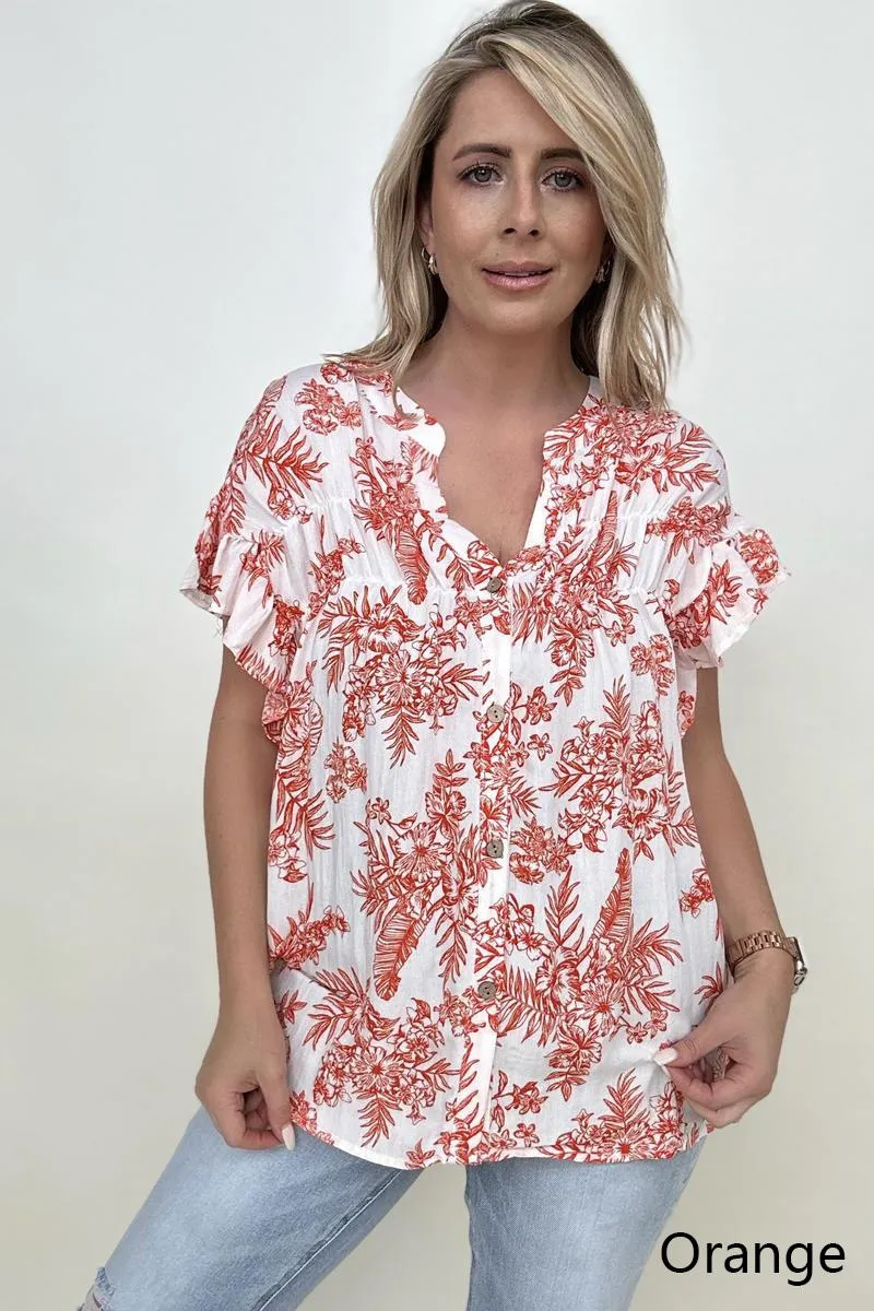 Floral Print Button Down Ruffle Sleeve Top**