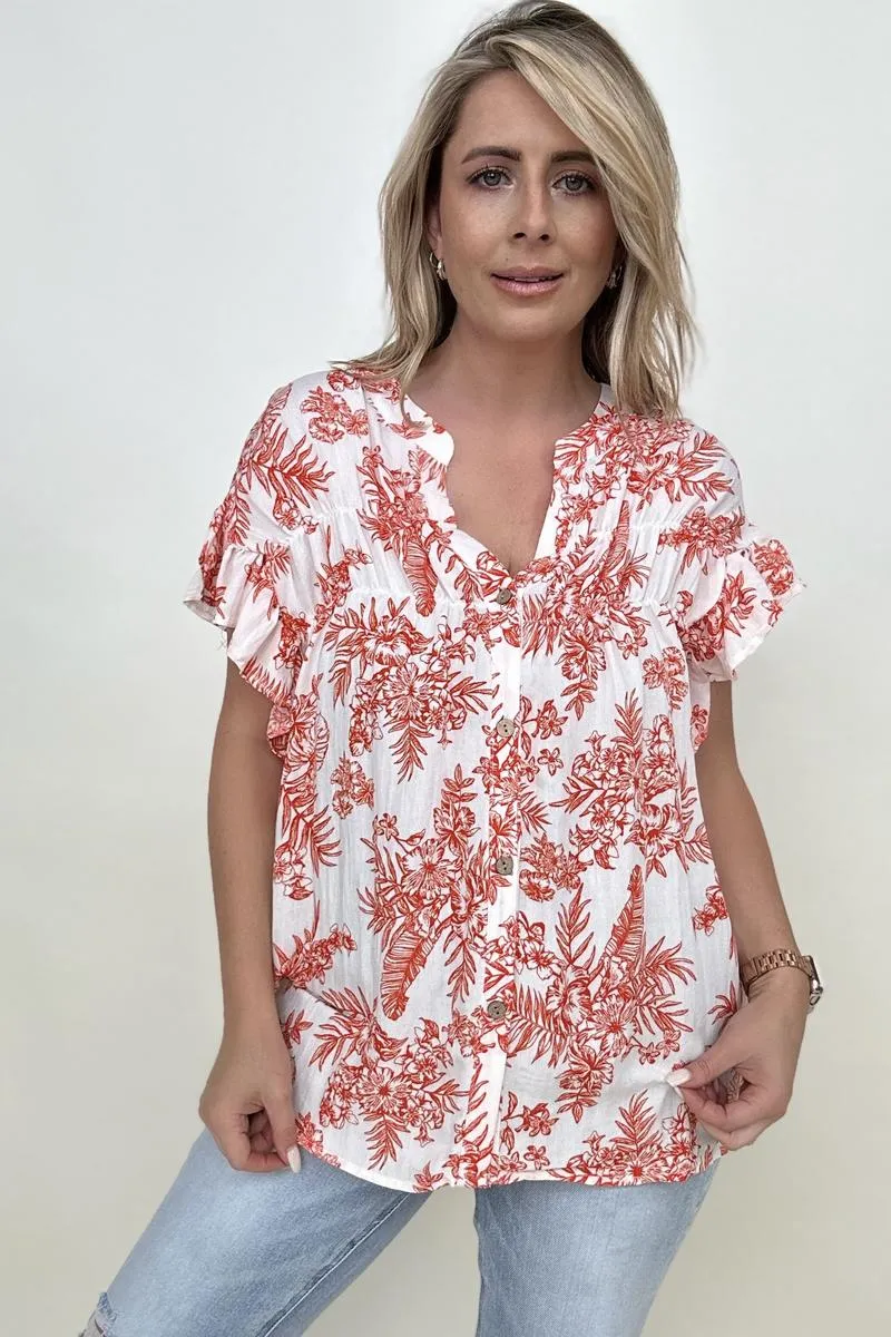 Floral Print Button Down Ruffle Sleeve Top**