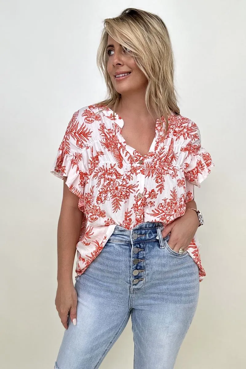 Floral Print Button Down Ruffle Sleeve Top**