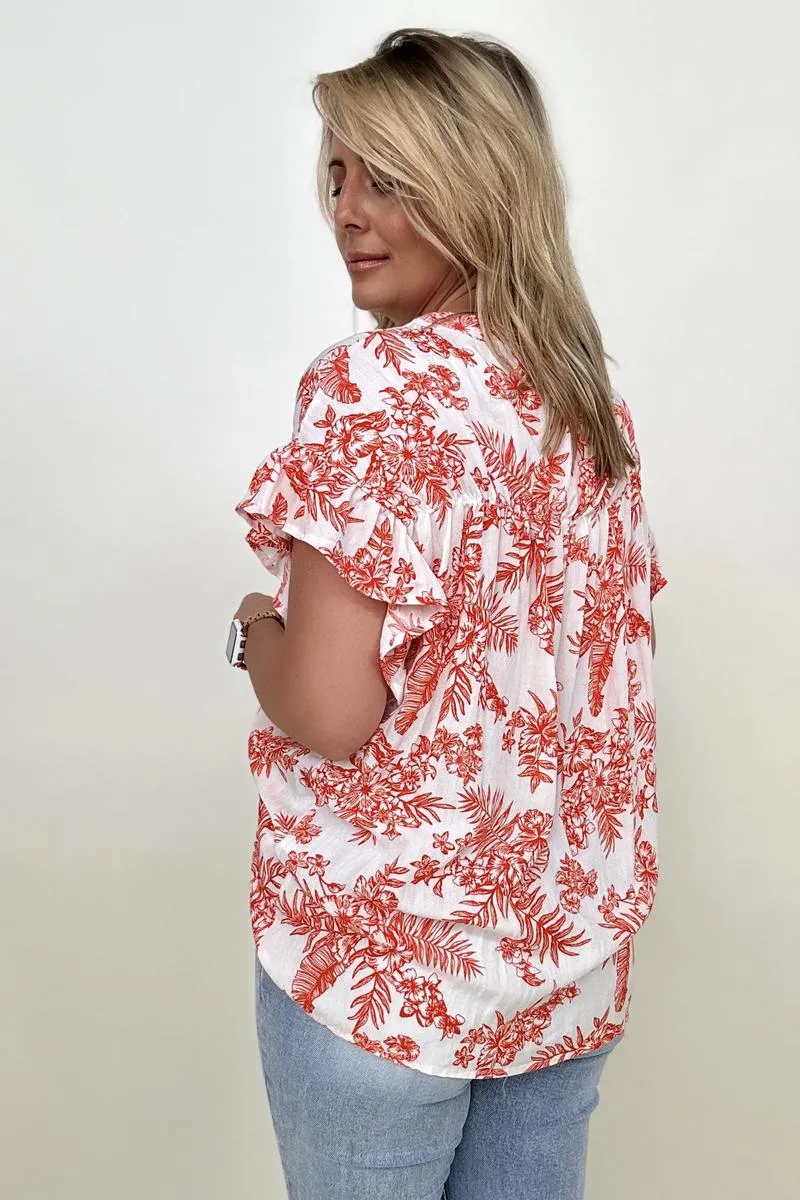 Floral Print Button Down Ruffle Sleeve Top**