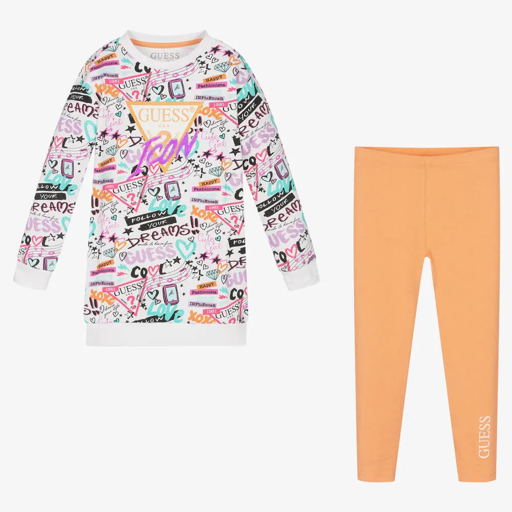 Girls White & Orange Leggings Set