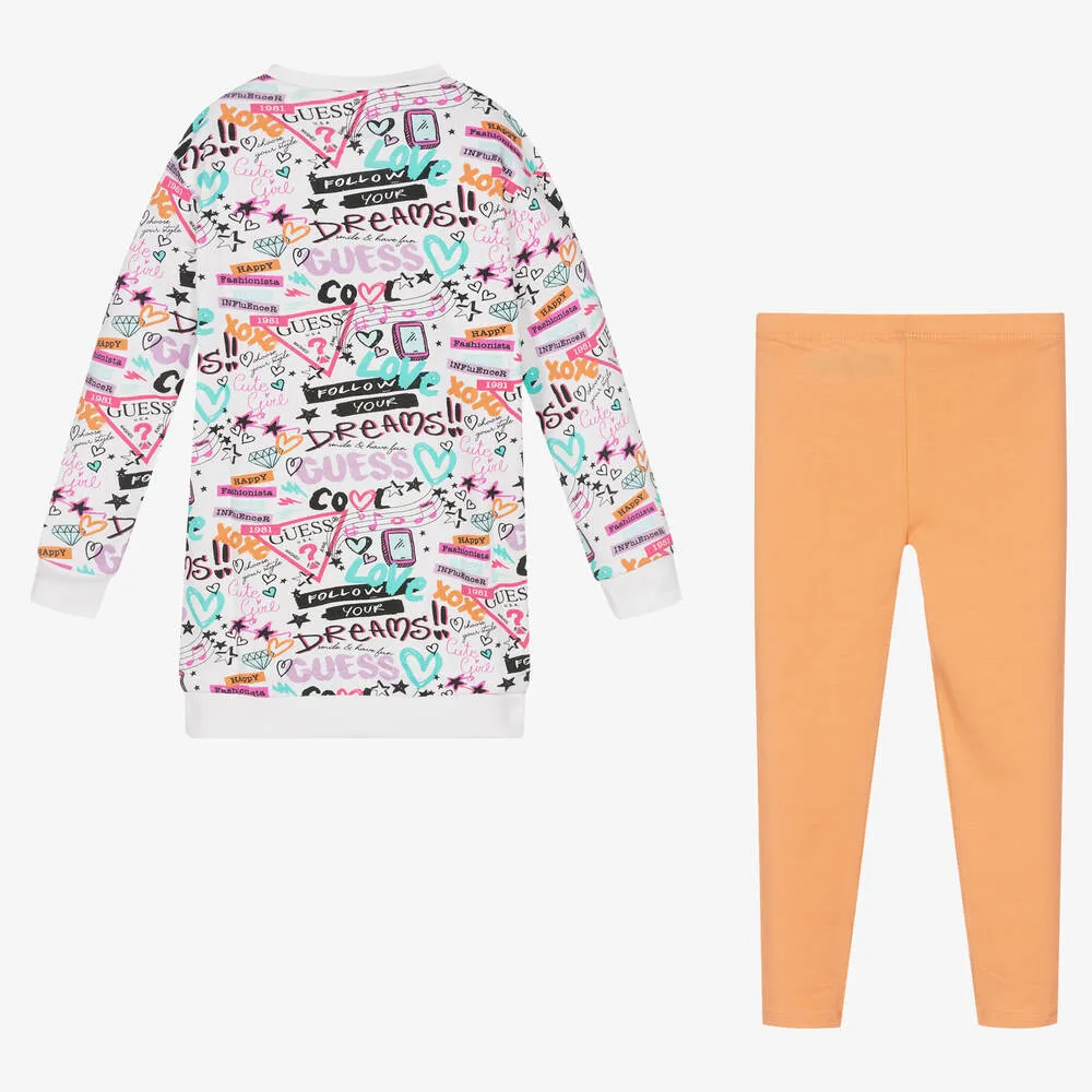 Girls White & Orange Leggings Set