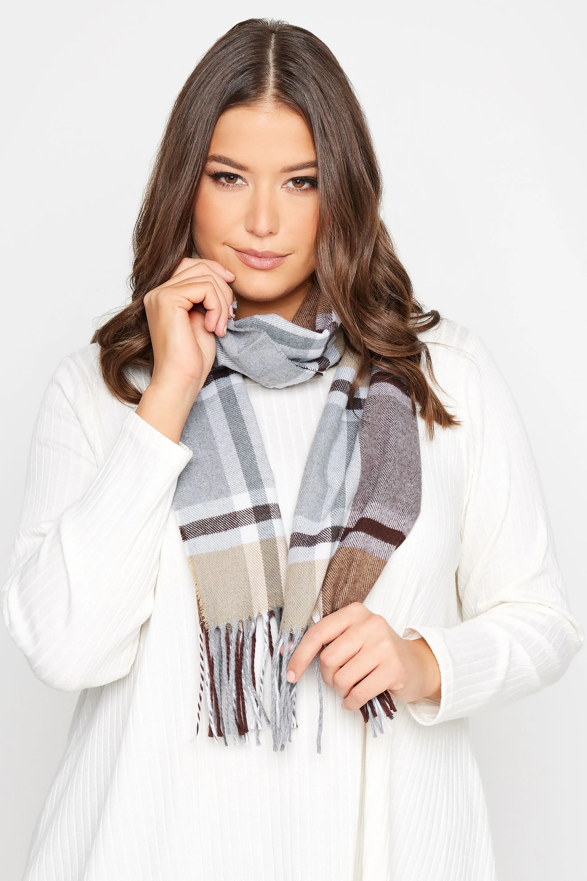 Grey & Brown Check Tassel Scarf