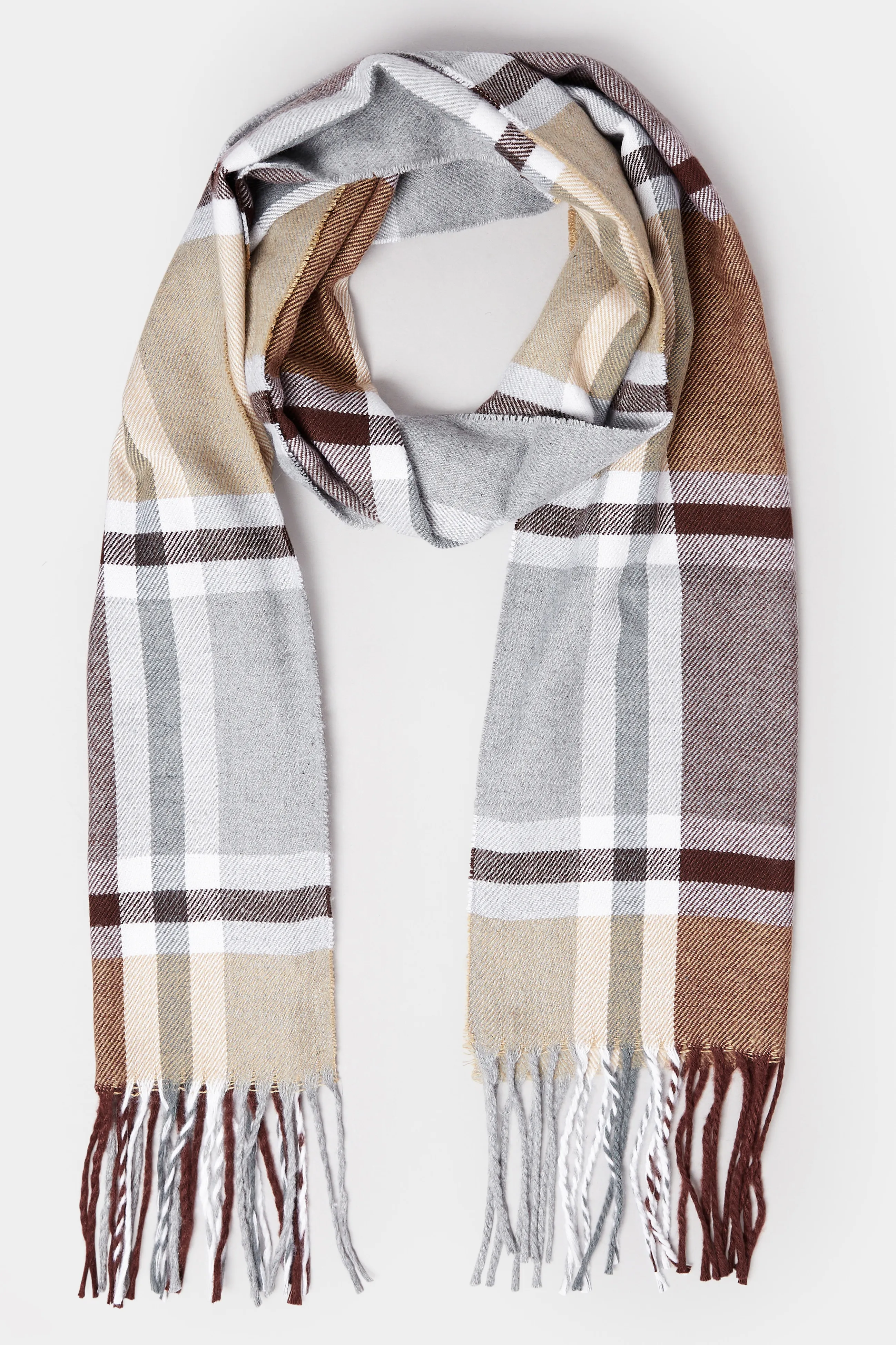 Grey & Brown Check Tassel Scarf