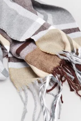 Grey & Brown Check Tassel Scarf