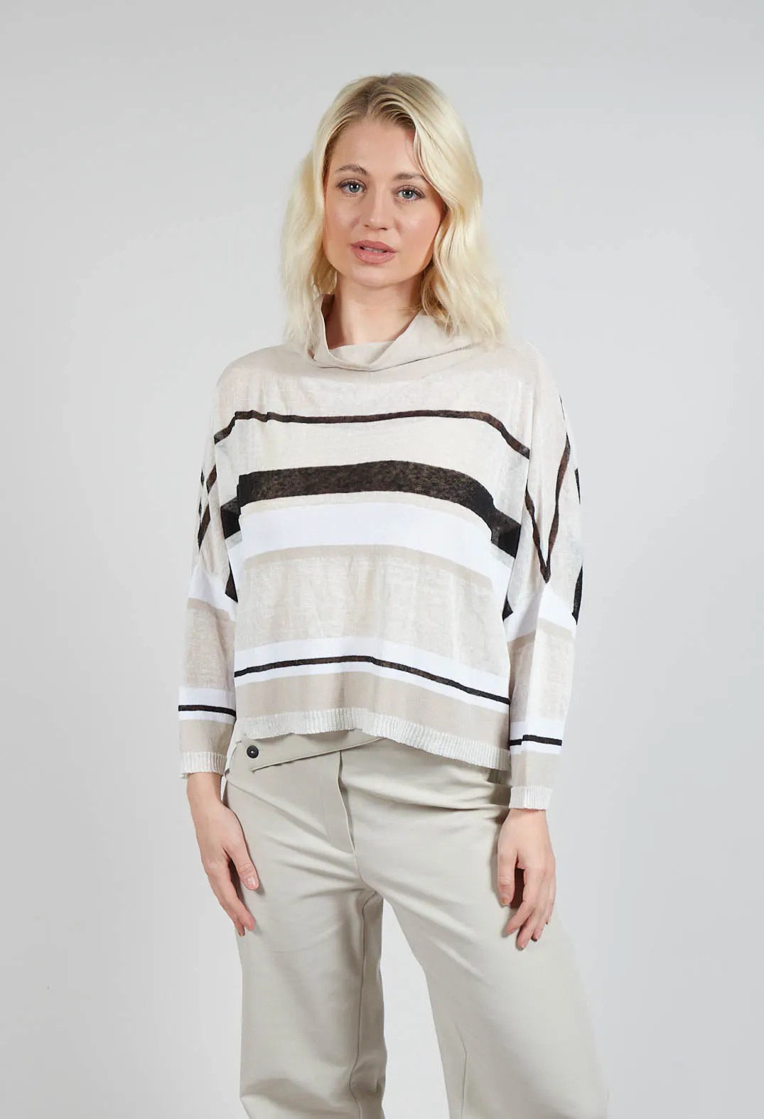 High Neck Knitted Top in Beige Stripe