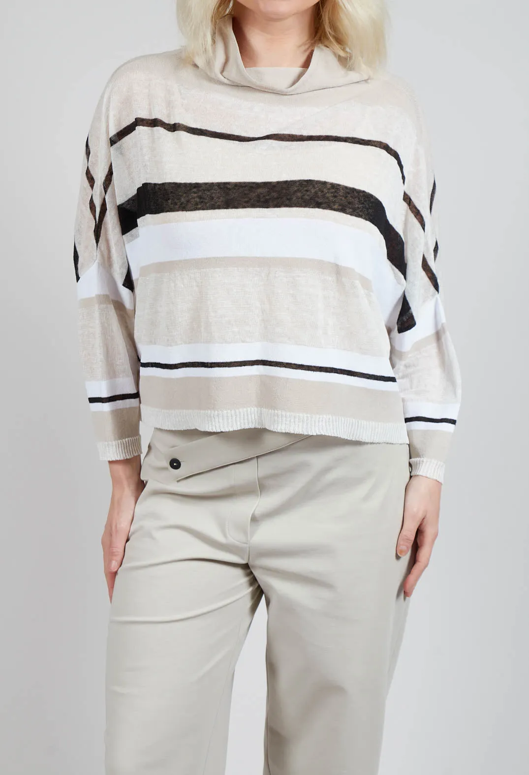 High Neck Knitted Top in Beige Stripe