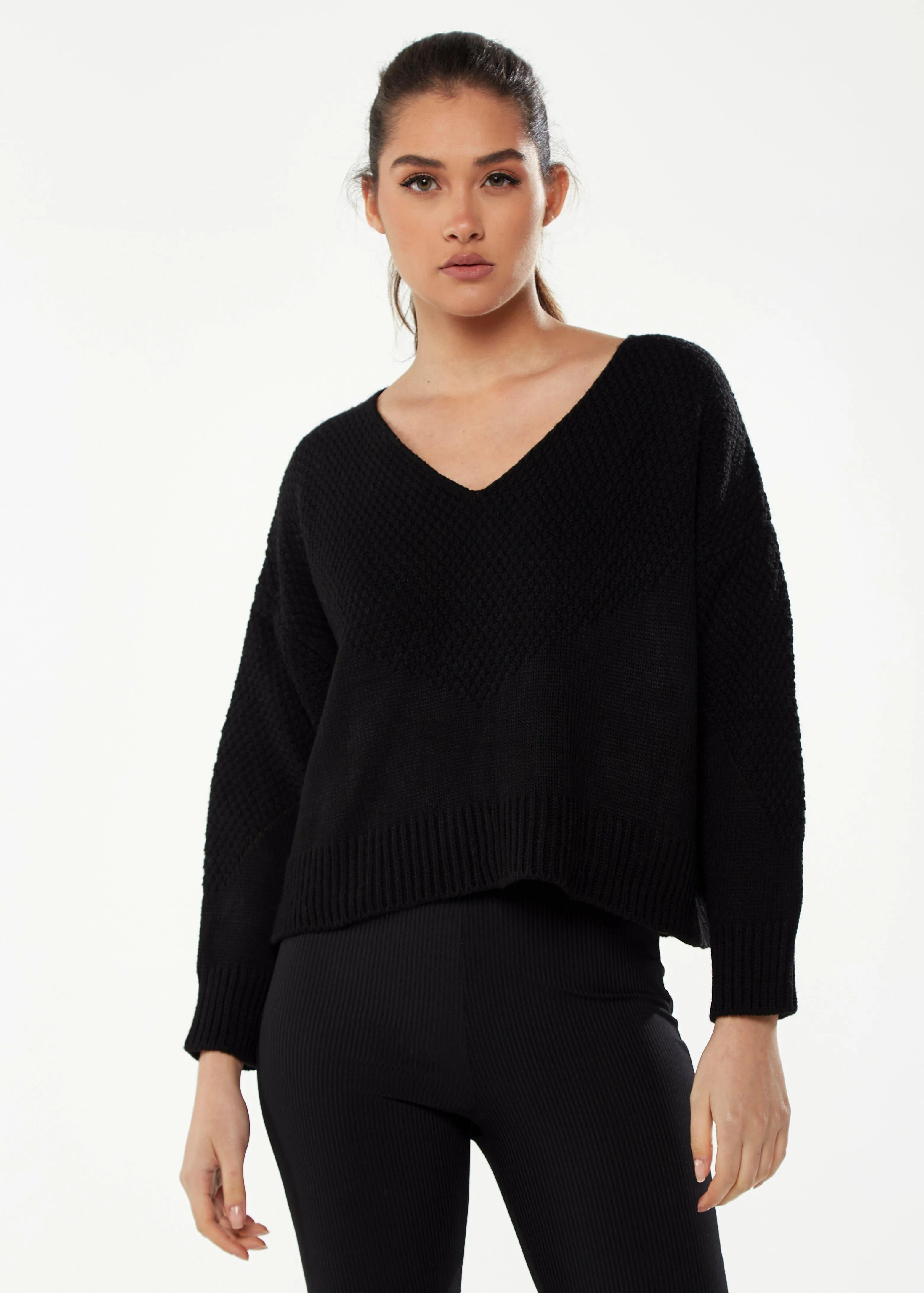 Jumpers & Cardigans | V-Neck Jumper in Black | Liquorish