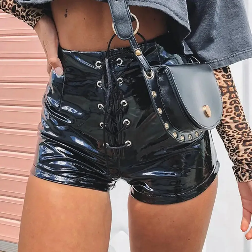 Leather Shorts Lace Up Wet Look Vinyl Hot Pants