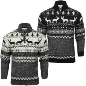 Mens Xact Xmas Christmas Jumper 'Reindeer Fairisle Quarter Zip Crew'