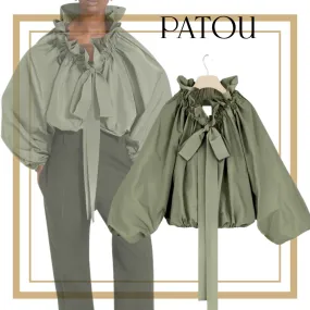 PATOU  |Long Sleeves Plain Cotton Elegant Style Puff Sleeves