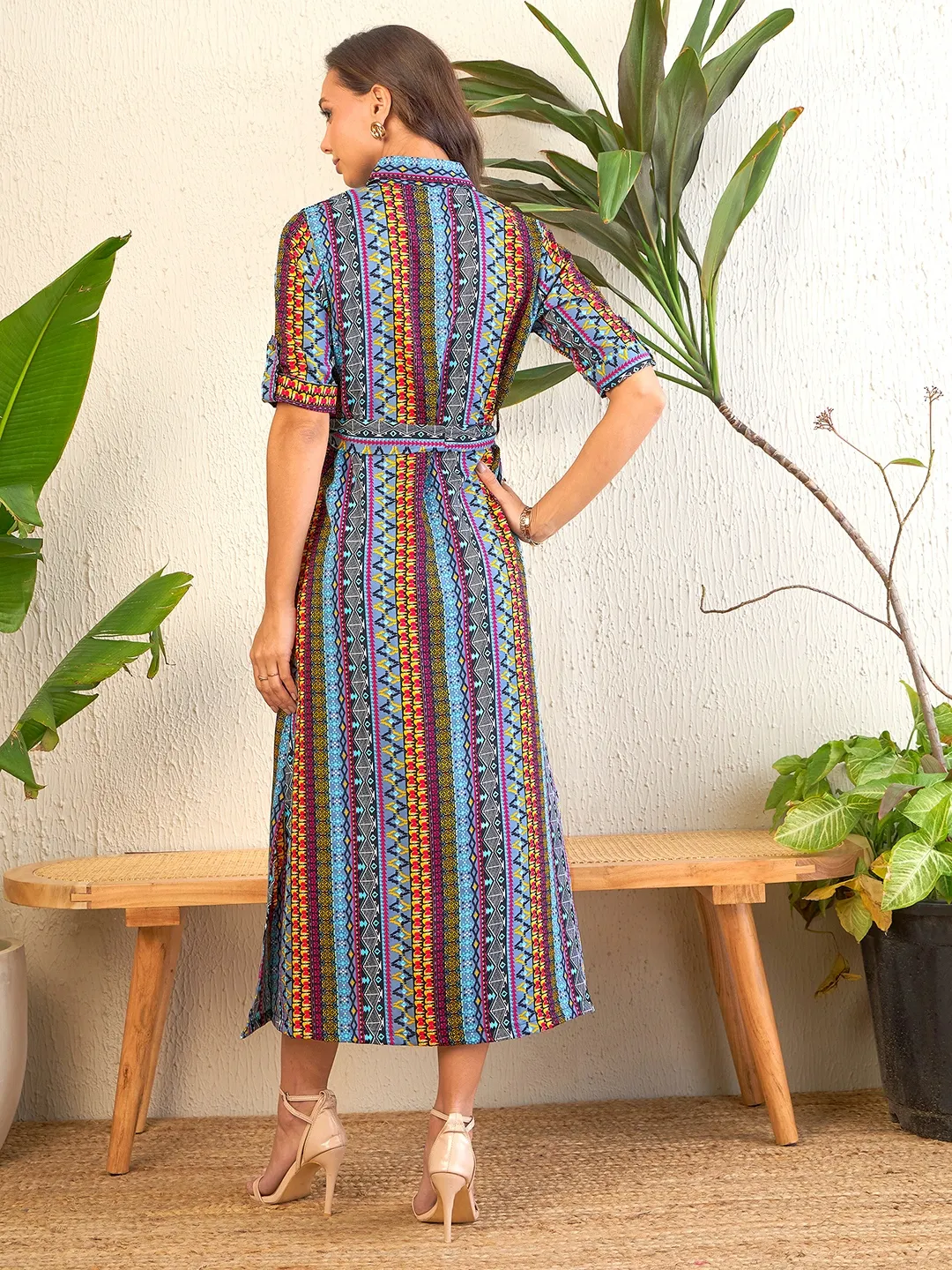 Printed Collar Buttoned Down Shirt Maxi Dress