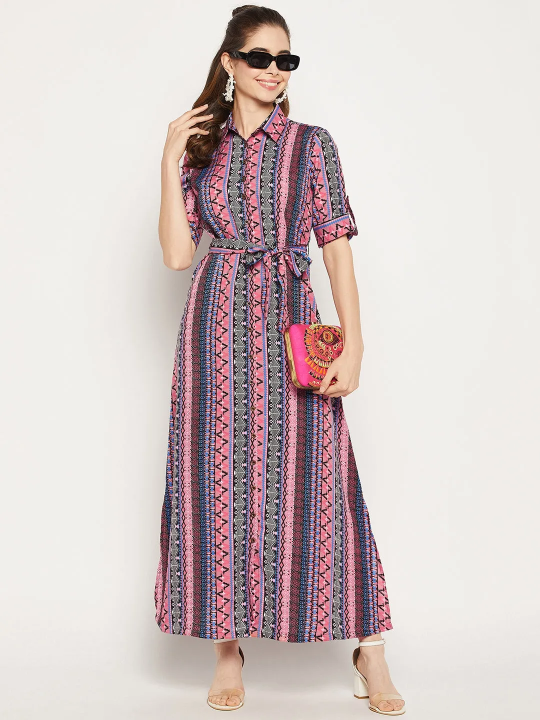 Printed Collar Buttoned Down Shirt Maxi Dress