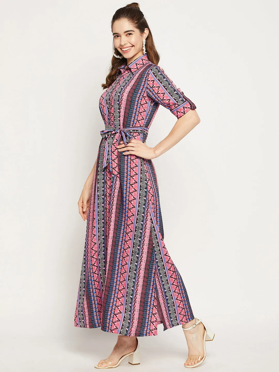 Printed Collar Buttoned Down Shirt Maxi Dress