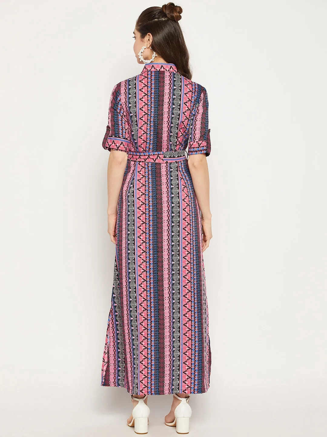 Printed Collar Buttoned Down Shirt Maxi Dress