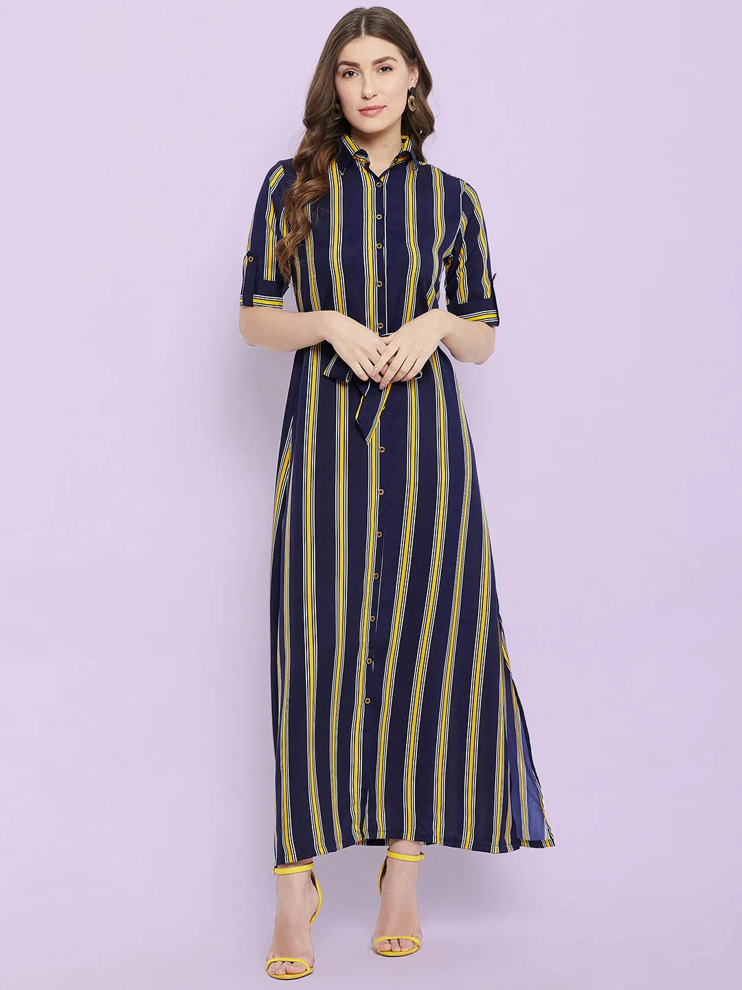 Printed Collar Buttoned Down Shirt Maxi Dress