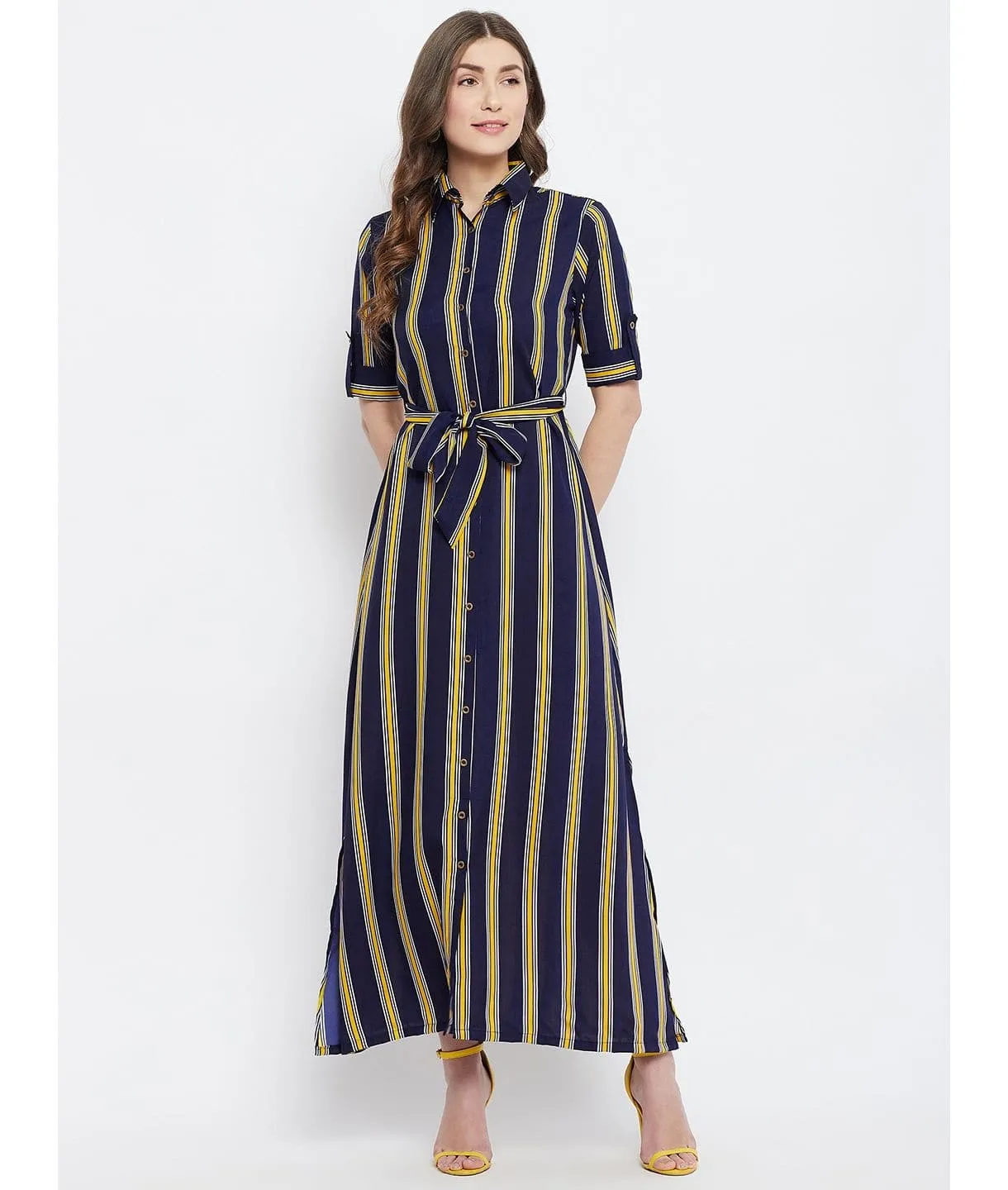 Printed Collar Buttoned Down Shirt Maxi Dress