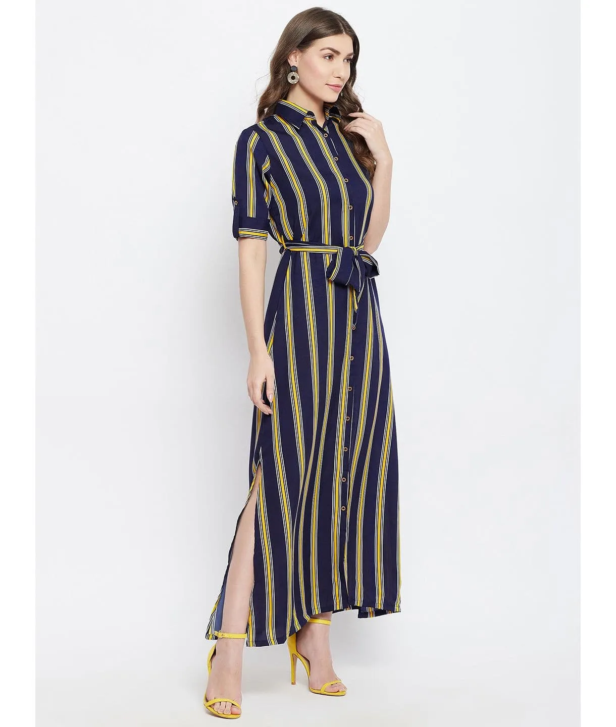 Printed Collar Buttoned Down Shirt Maxi Dress