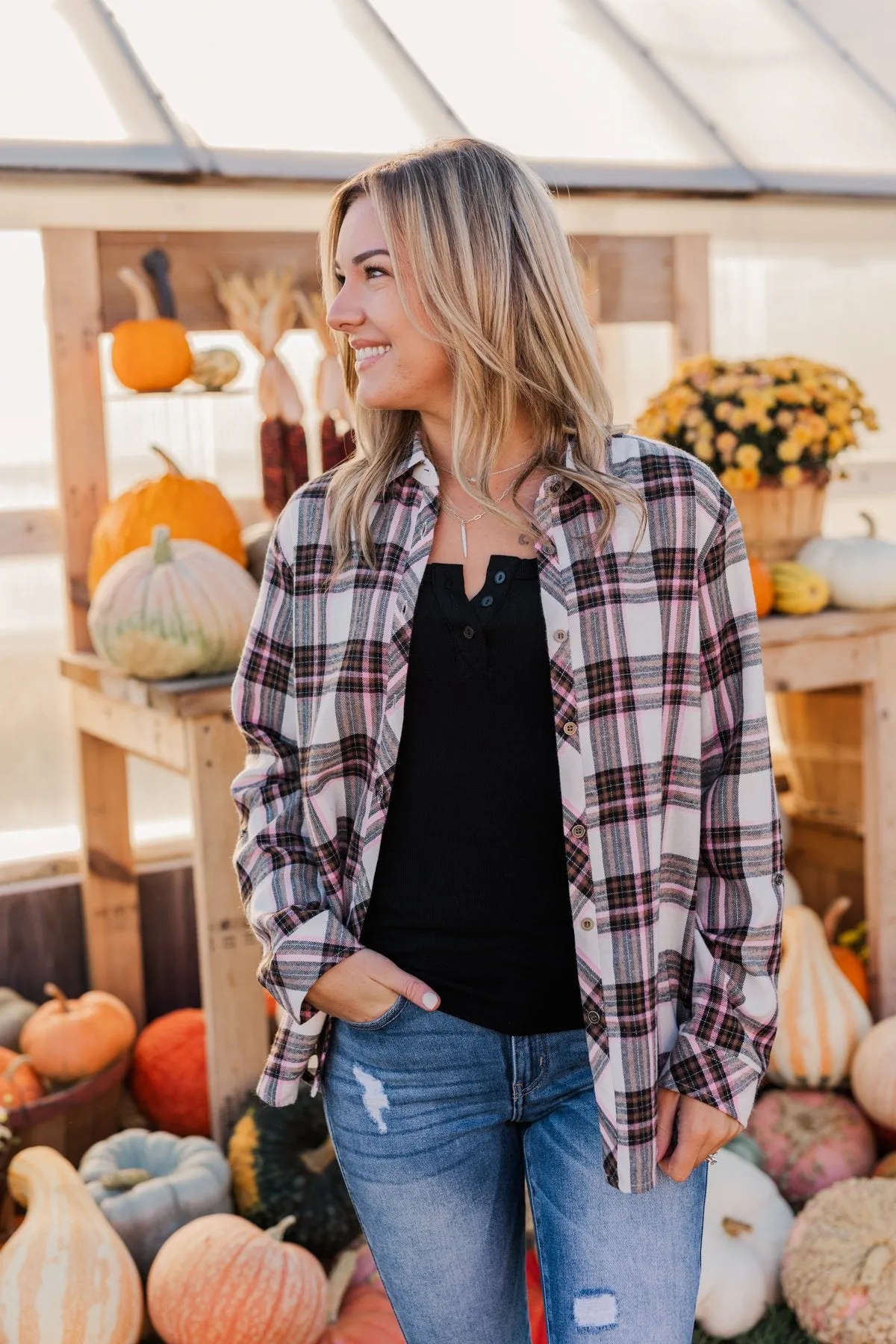 Pumpkin Farm Button Down Flannel- Pink & Ivory