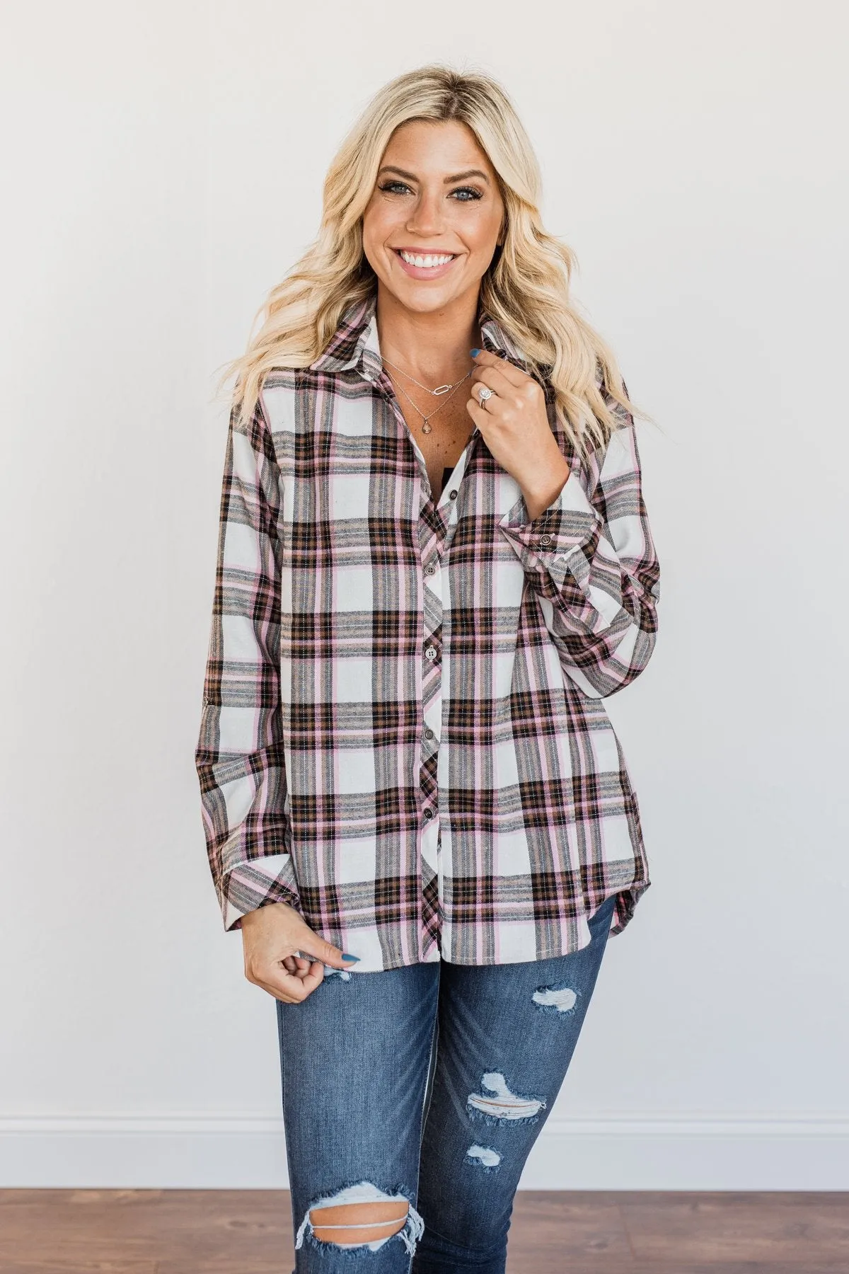 Pumpkin Farm Button Down Flannel- Pink & Ivory