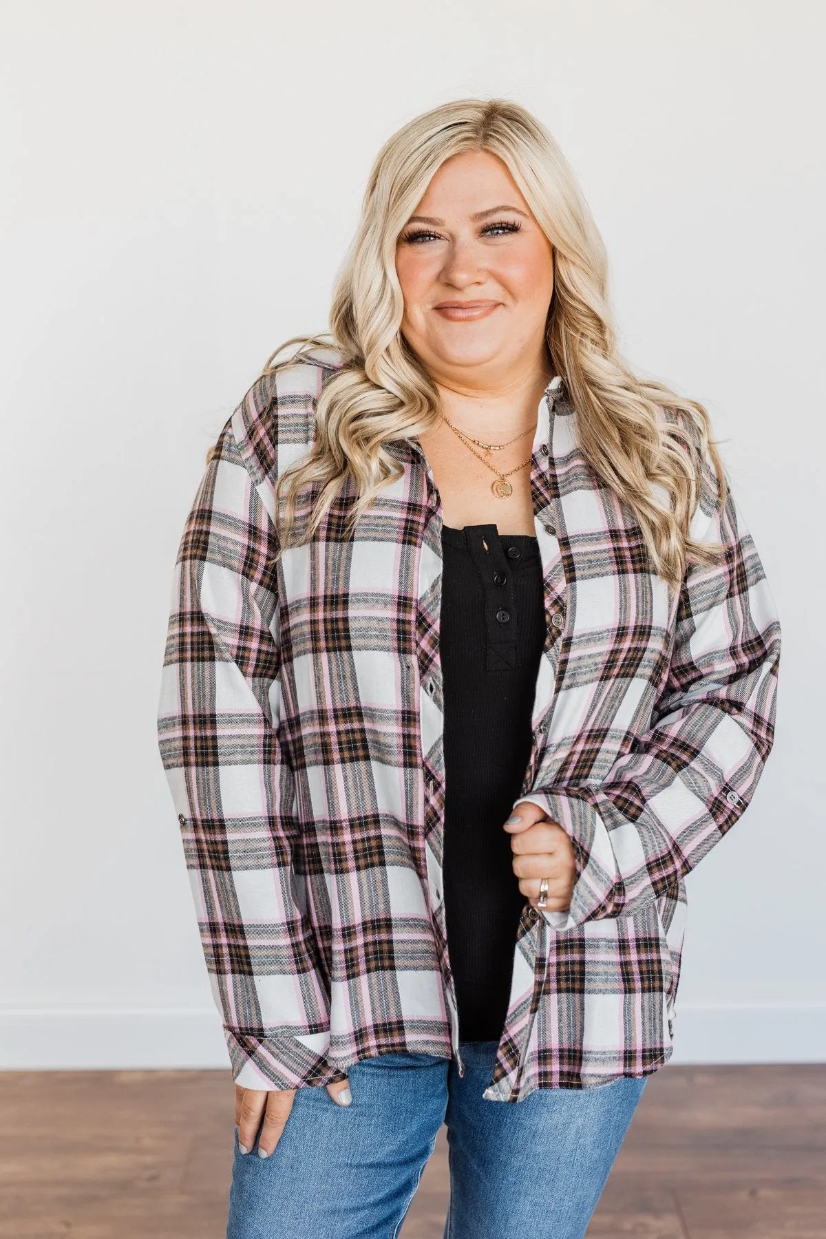 Pumpkin Farm Button Down Flannel- Pink & Ivory