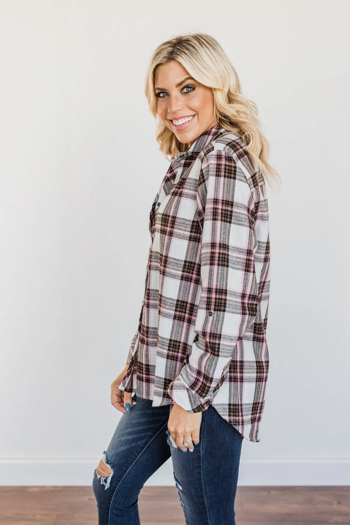 Pumpkin Farm Button Down Flannel- Pink & Ivory