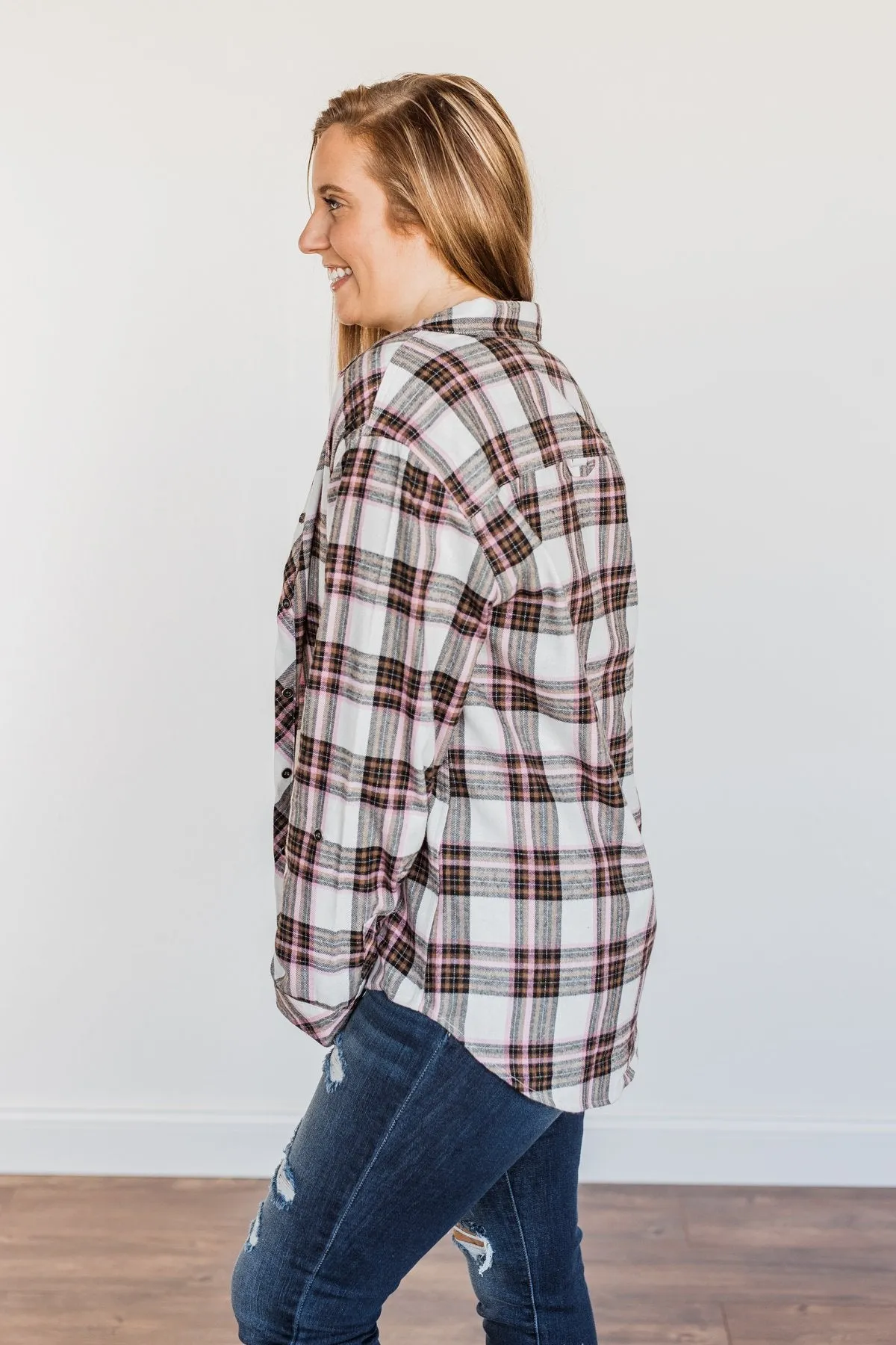 Pumpkin Farm Button Down Flannel- Pink & Ivory