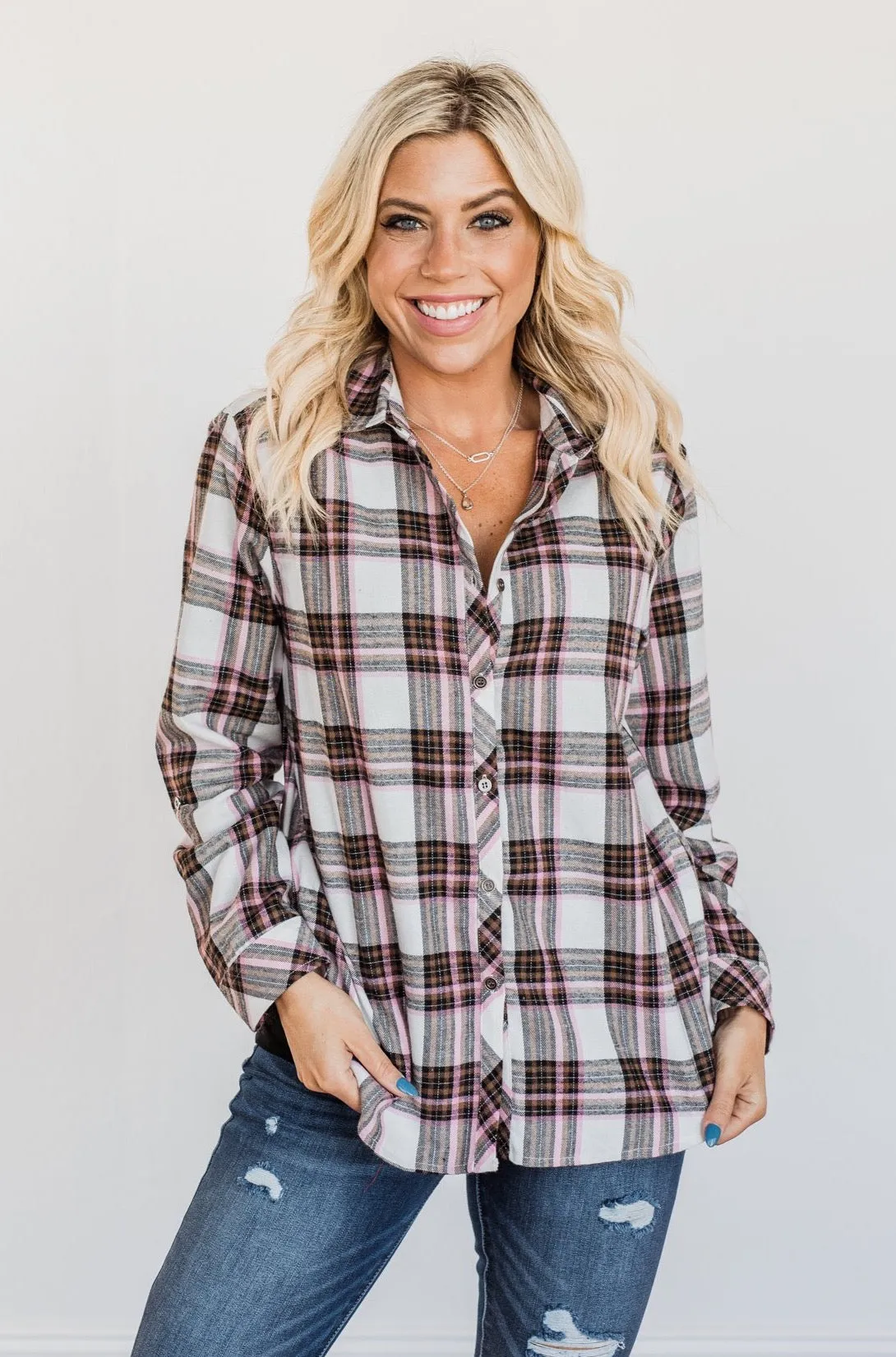 Pumpkin Farm Button Down Flannel- Pink & Ivory