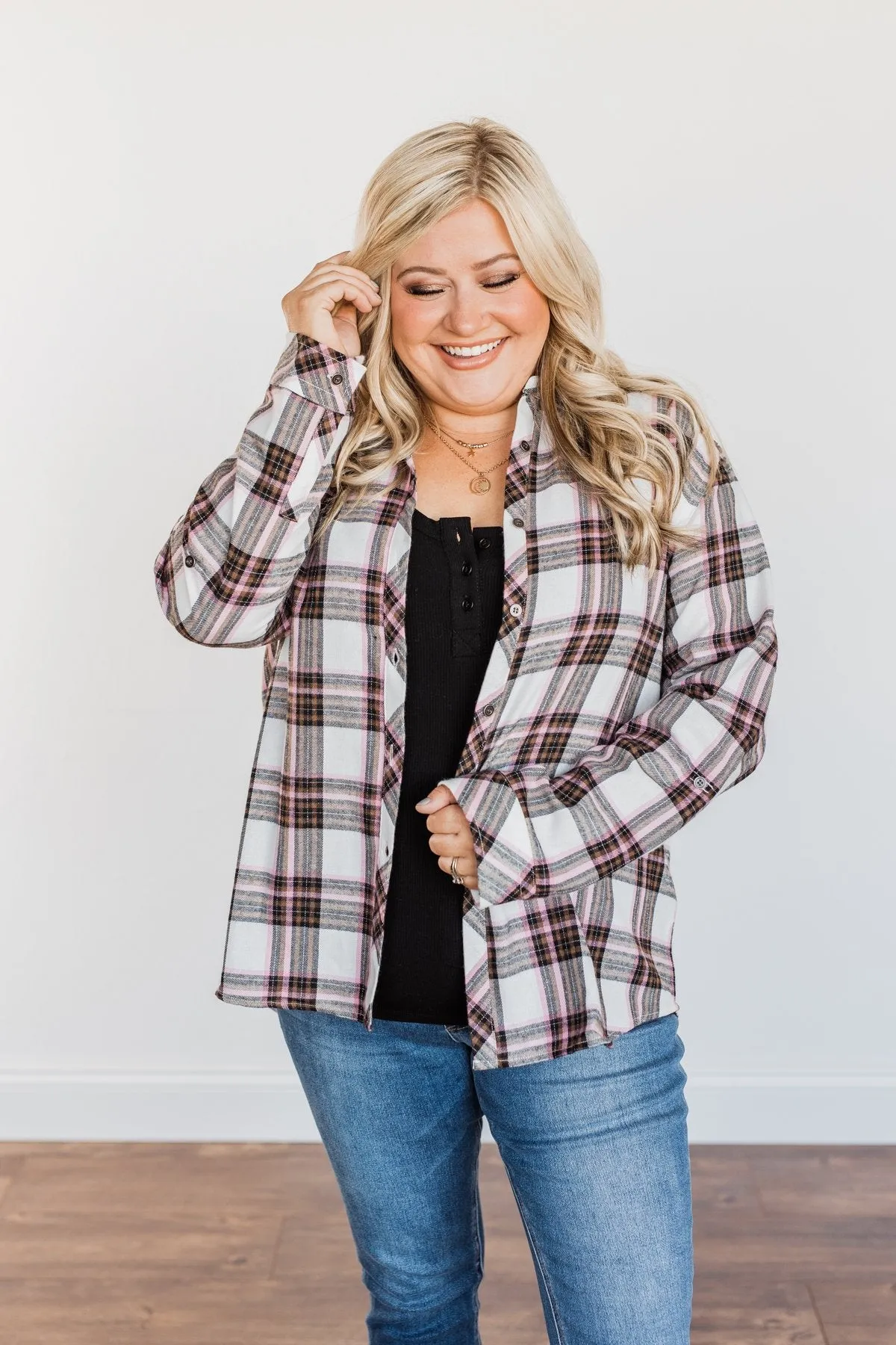 Pumpkin Farm Button Down Flannel- Pink & Ivory