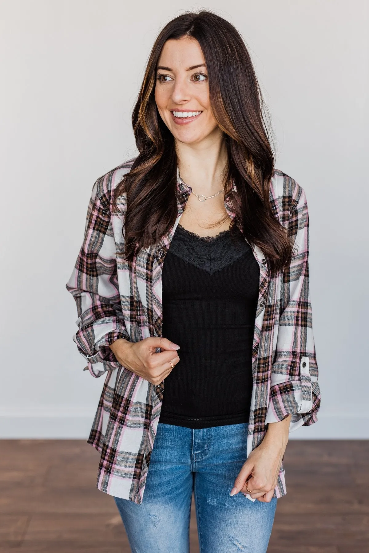 Pumpkin Farm Button Down Flannel- Pink & Ivory