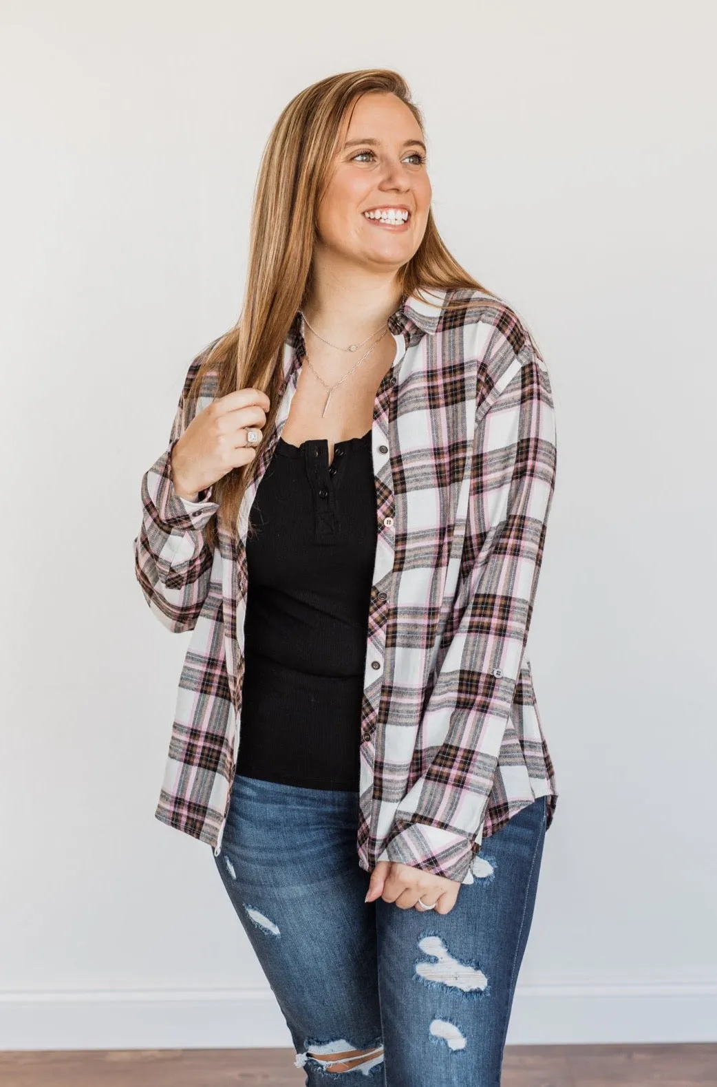 Pumpkin Farm Button Down Flannel- Pink & Ivory