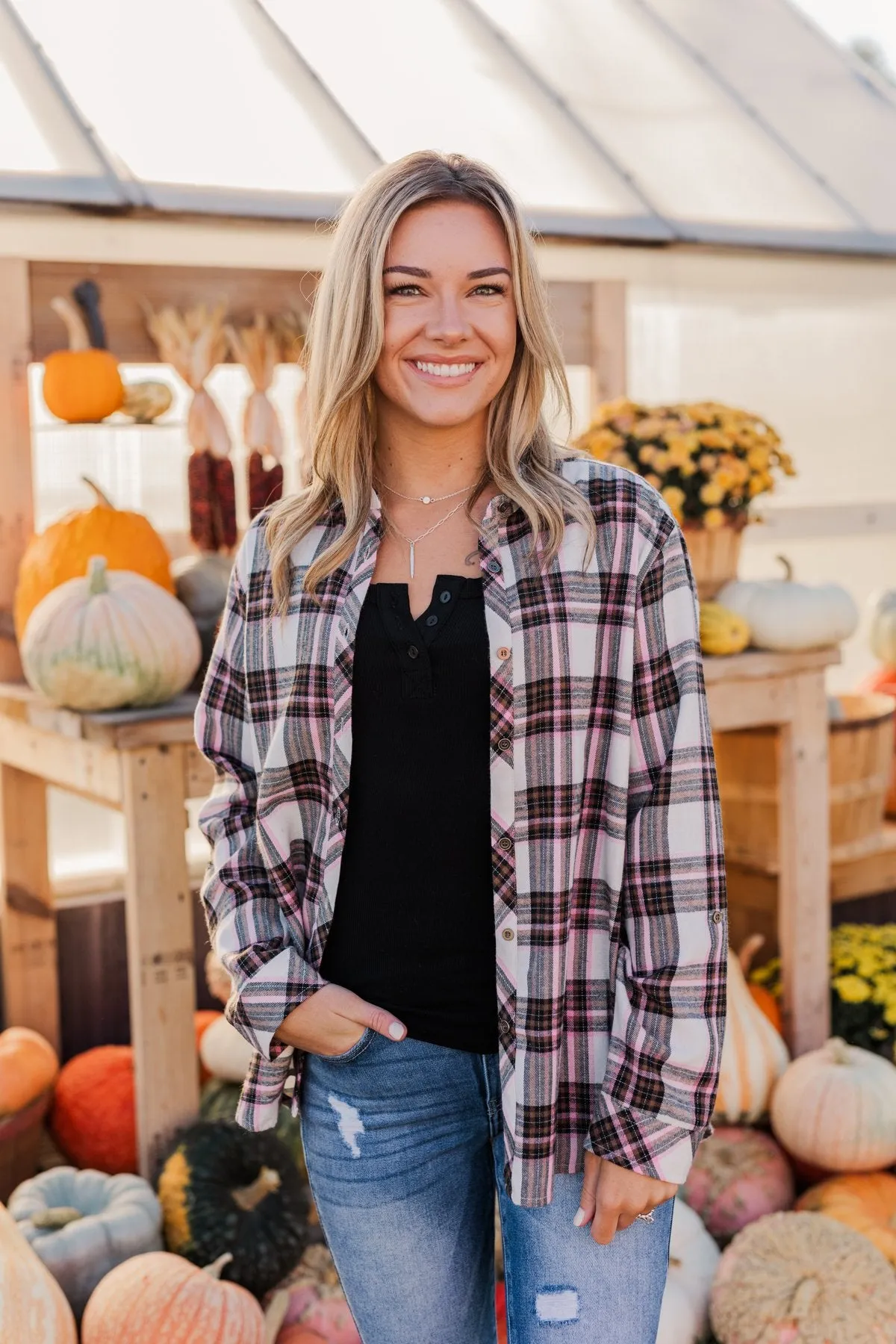 Pumpkin Farm Button Down Flannel- Pink & Ivory